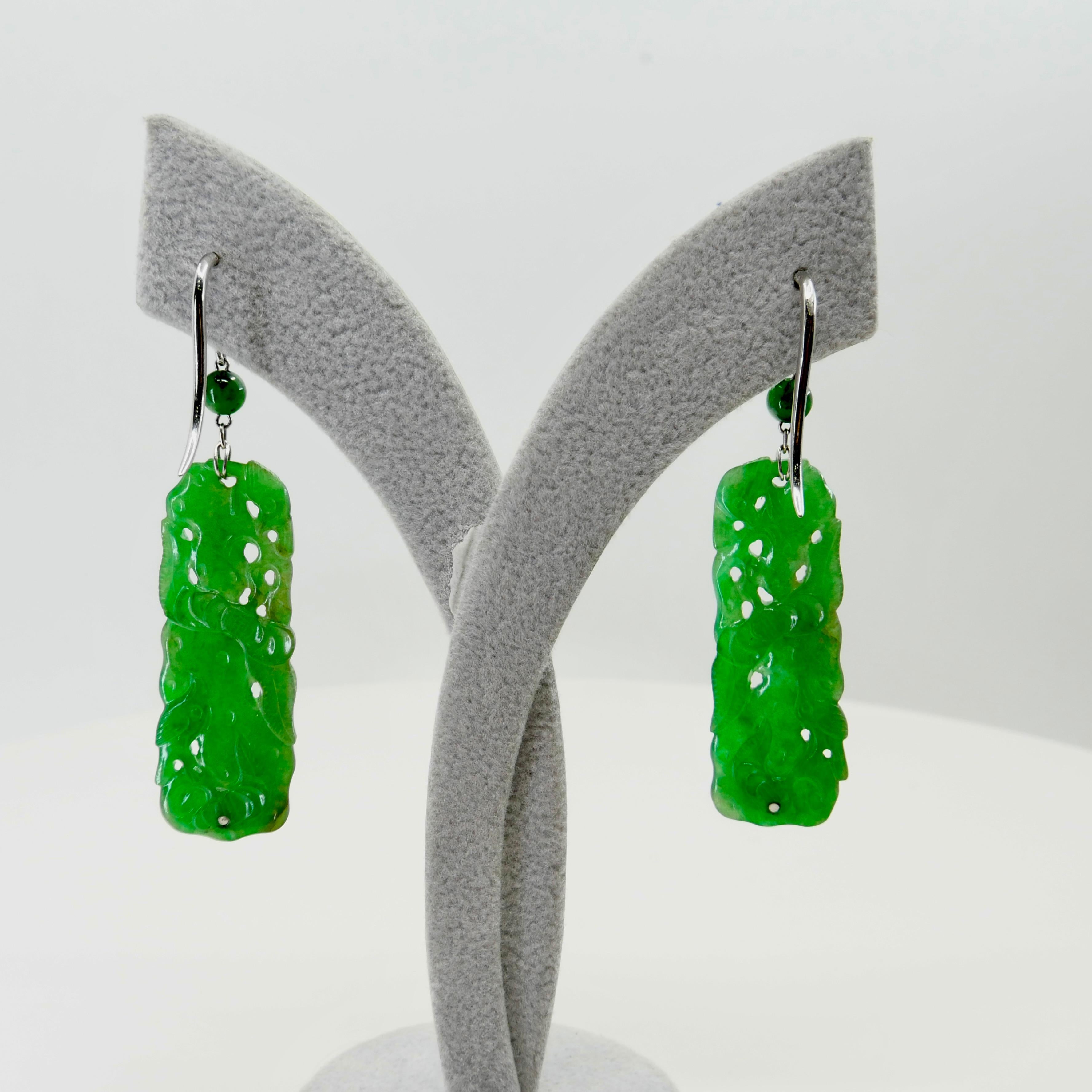 Vintage, Certified Natural Carved Jade & Diamond Earrings Intense Apple Green 6