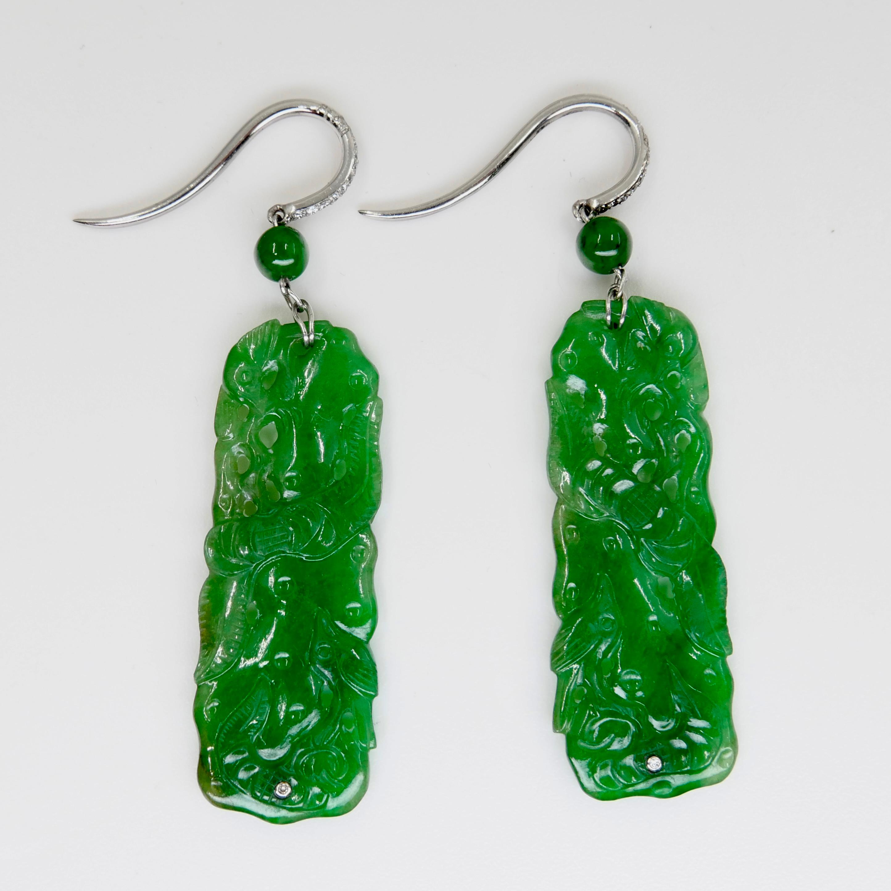Vintage, Certified Natural Carved Jade & Diamond Earrings Intense Apple Green 7