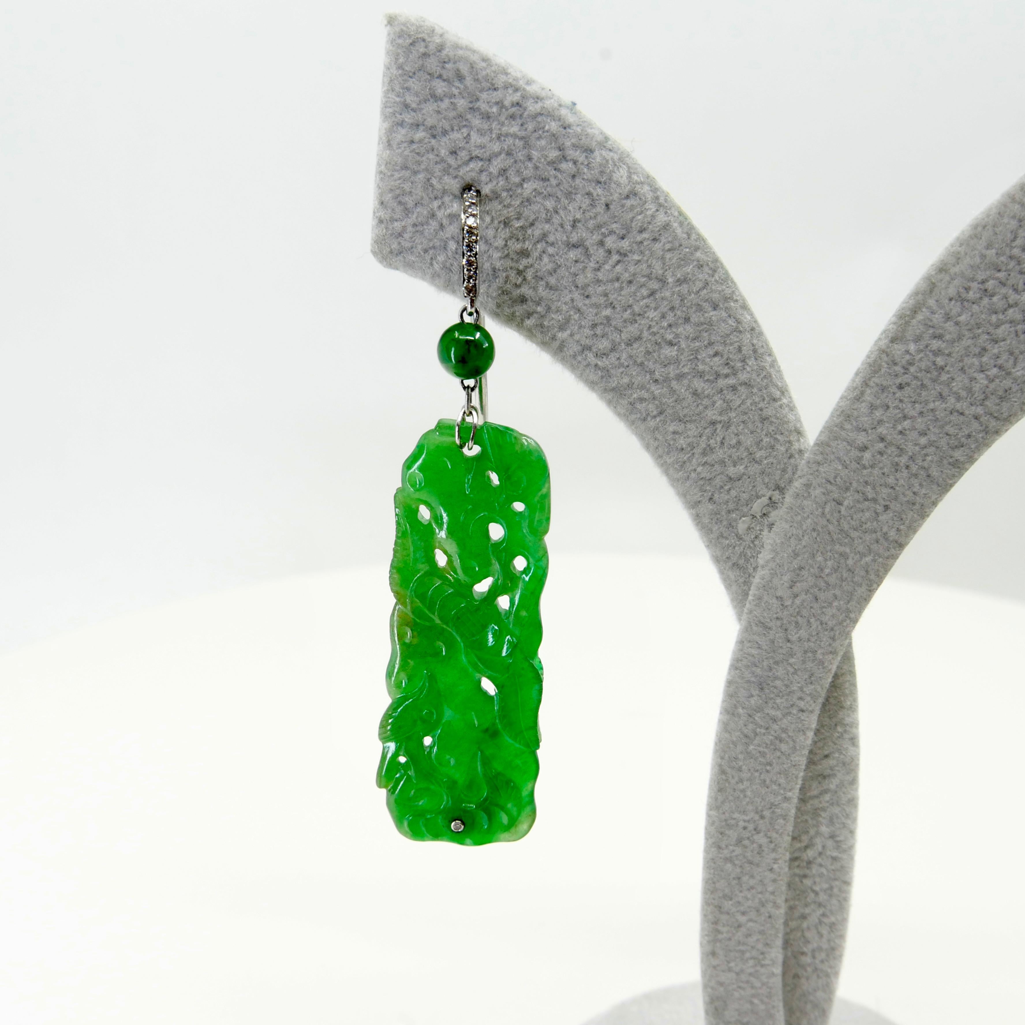 Vintage, Certified Natural Carved Jade & Diamond Earrings Intense Apple Green In Good Condition In Hong Kong, HK