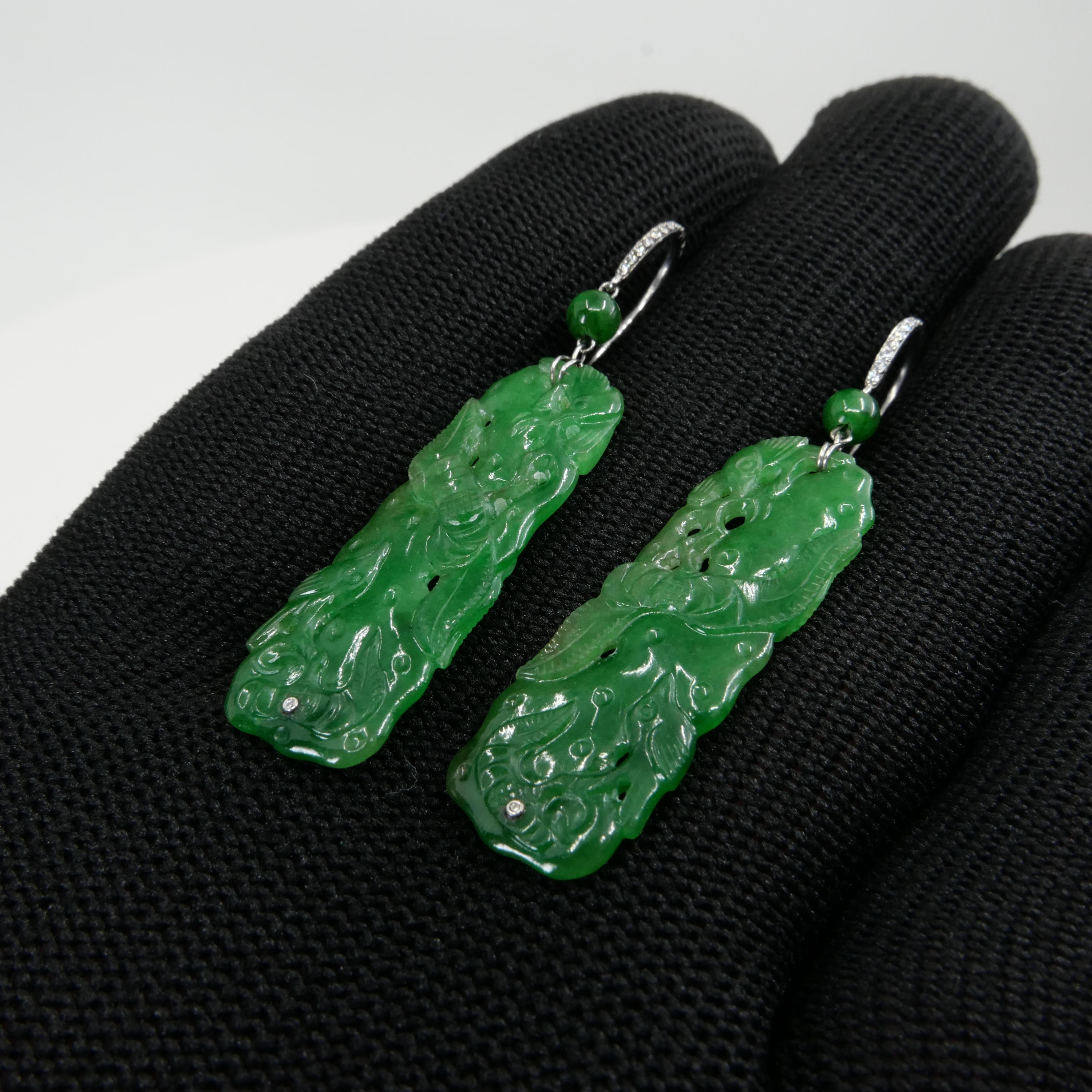 Women's Vintage, Certified Natural Carved Jade & Diamond Earrings Intense Apple Green