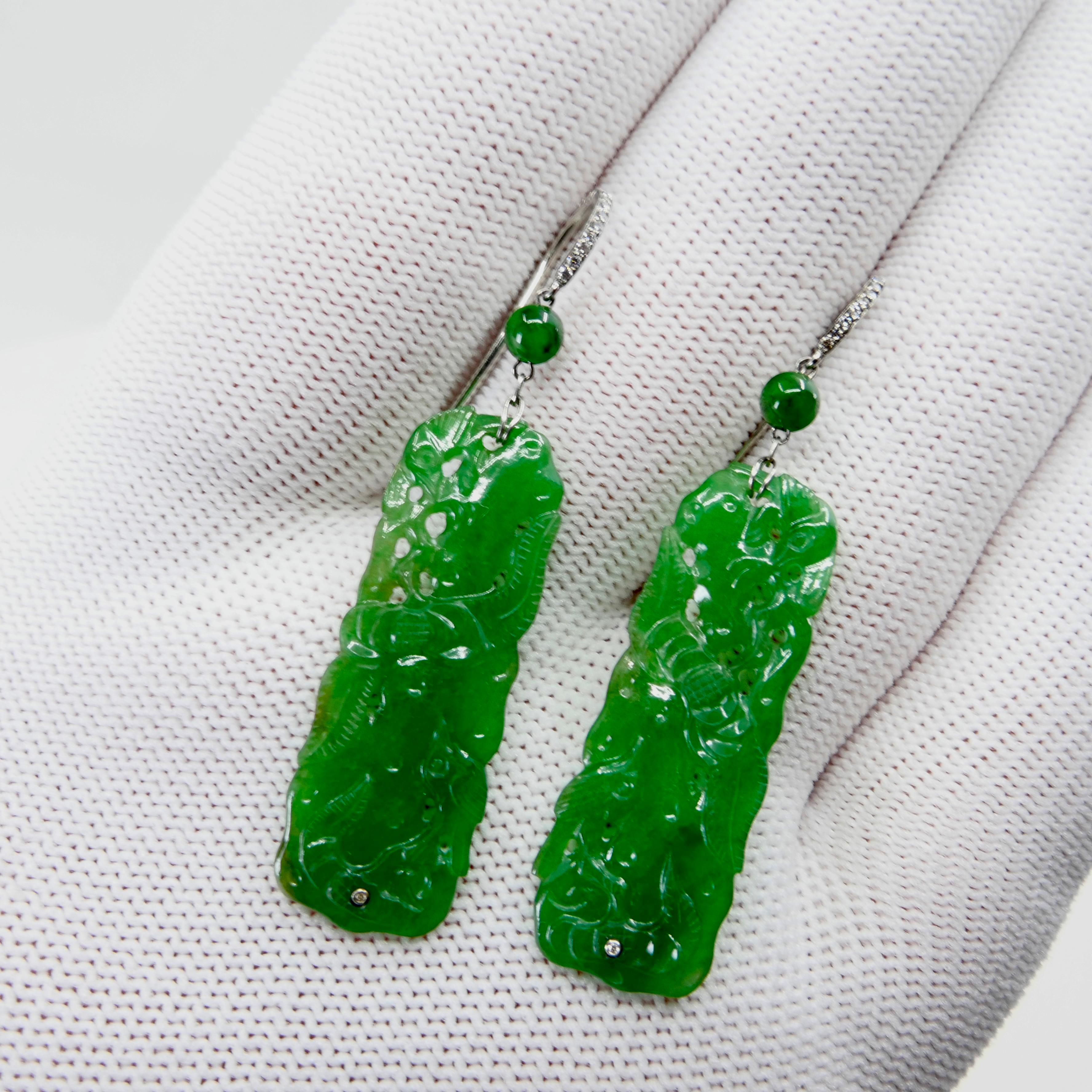Vintage, Certified Natural Carved Jade & Diamond Earrings Intense Apple Green 1