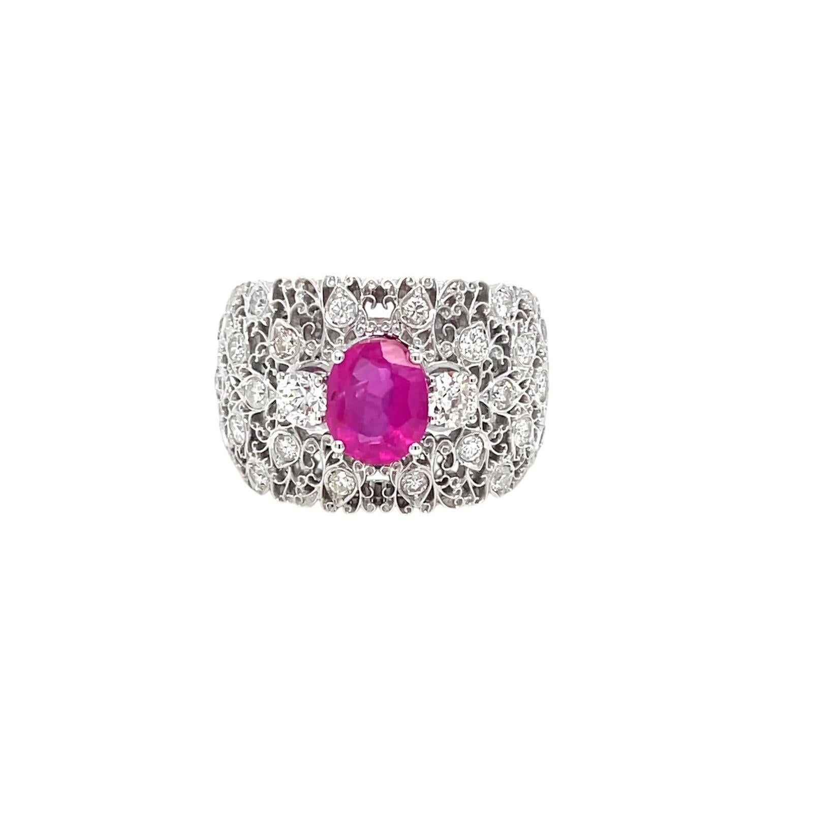 Retro Vintage Certified No Heat Burma Ruby Diamond Engraved Gold Ring For Sale