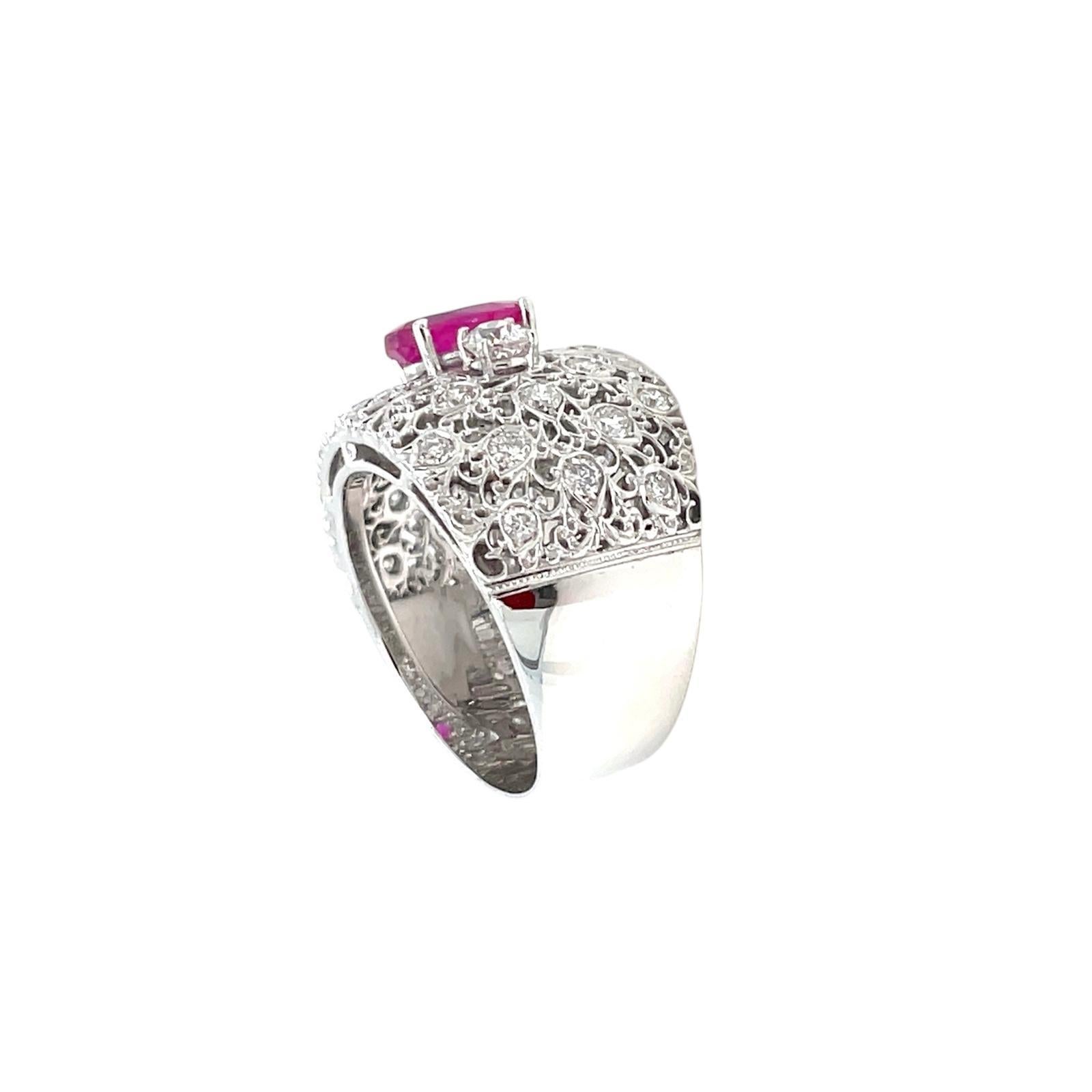 Women's or Men's Vintage Certified No Heat Burma Ruby Diamond Engraved Gold Ring For Sale
