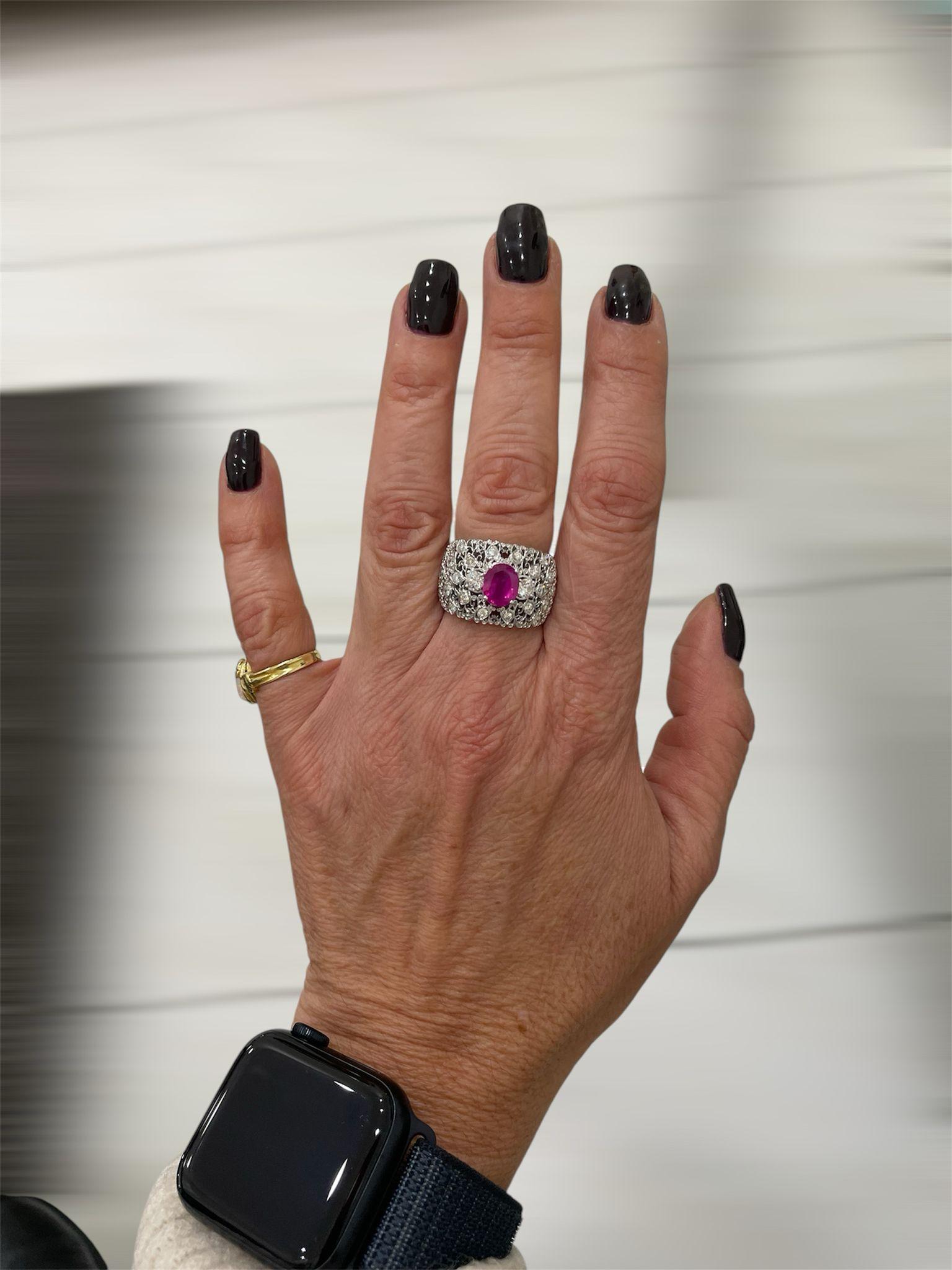 Vintage Certified No Heat Burma Ruby Diamond Engraved Gold Ring For Sale 3