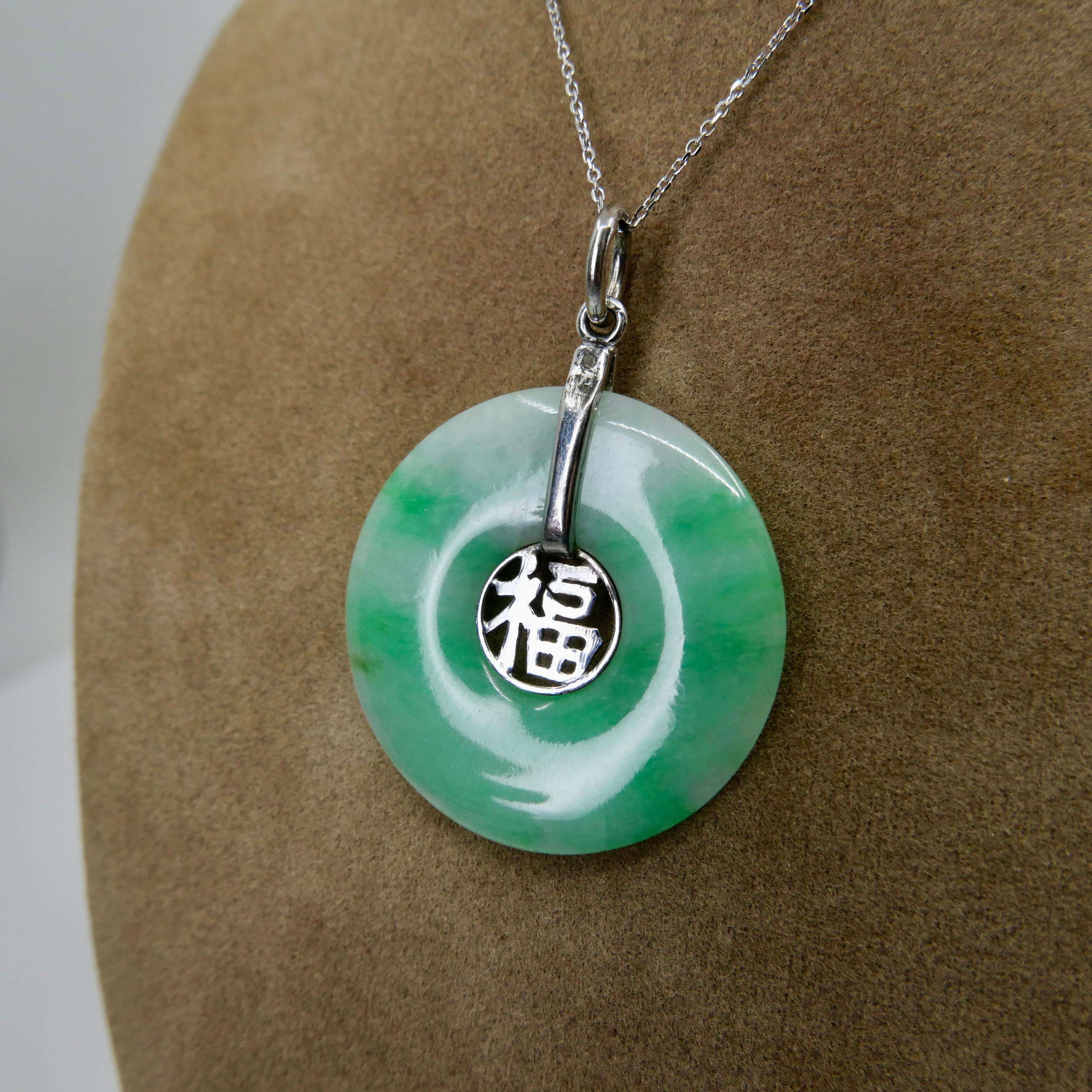 Round Cut Vintage Certified Type A Jade Good Fortune Pendant Necklace, Apple Green Patches For Sale
