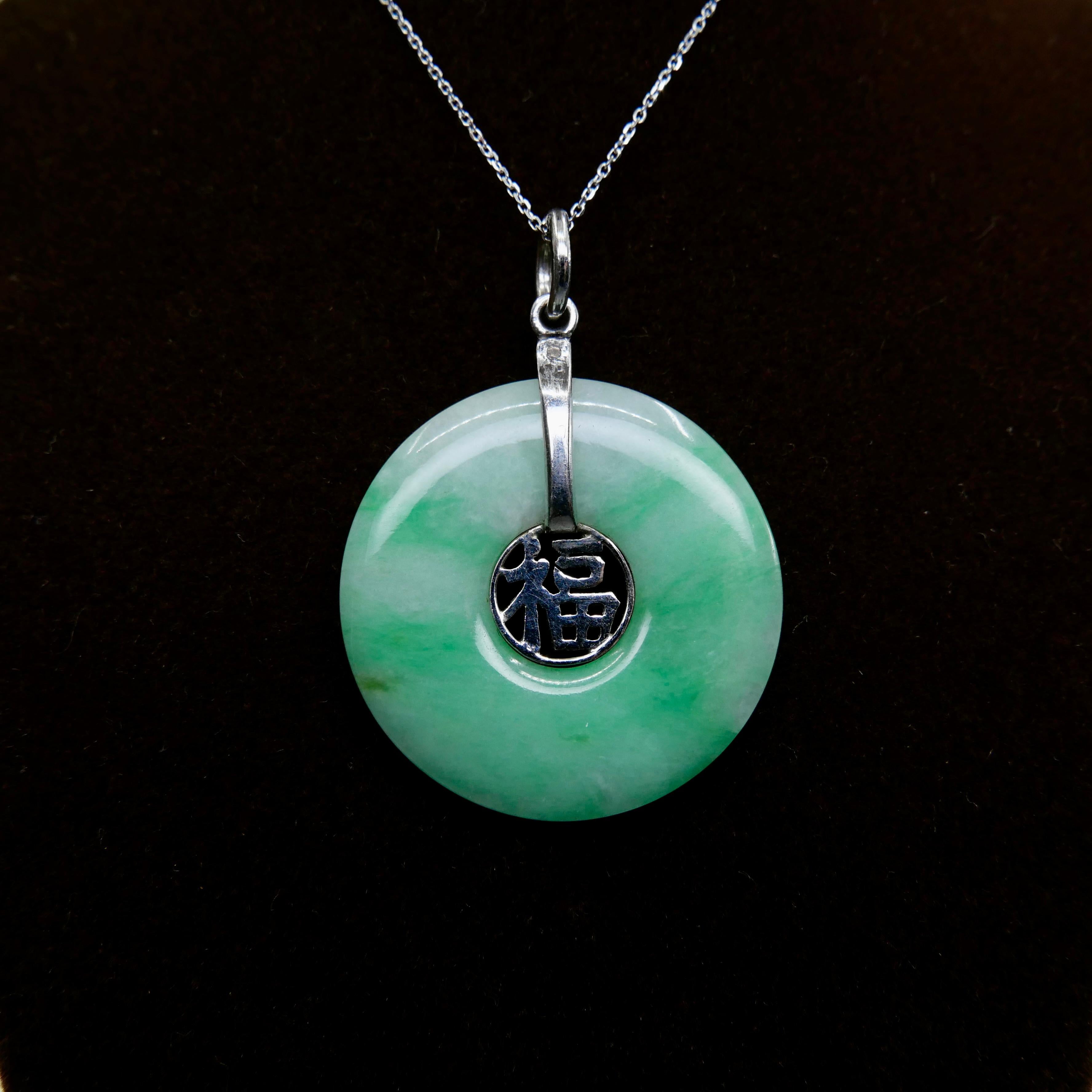 Vintage Certified Type A Jade Good Fortune Pendant Necklace, Apple Green Patches For Sale 3