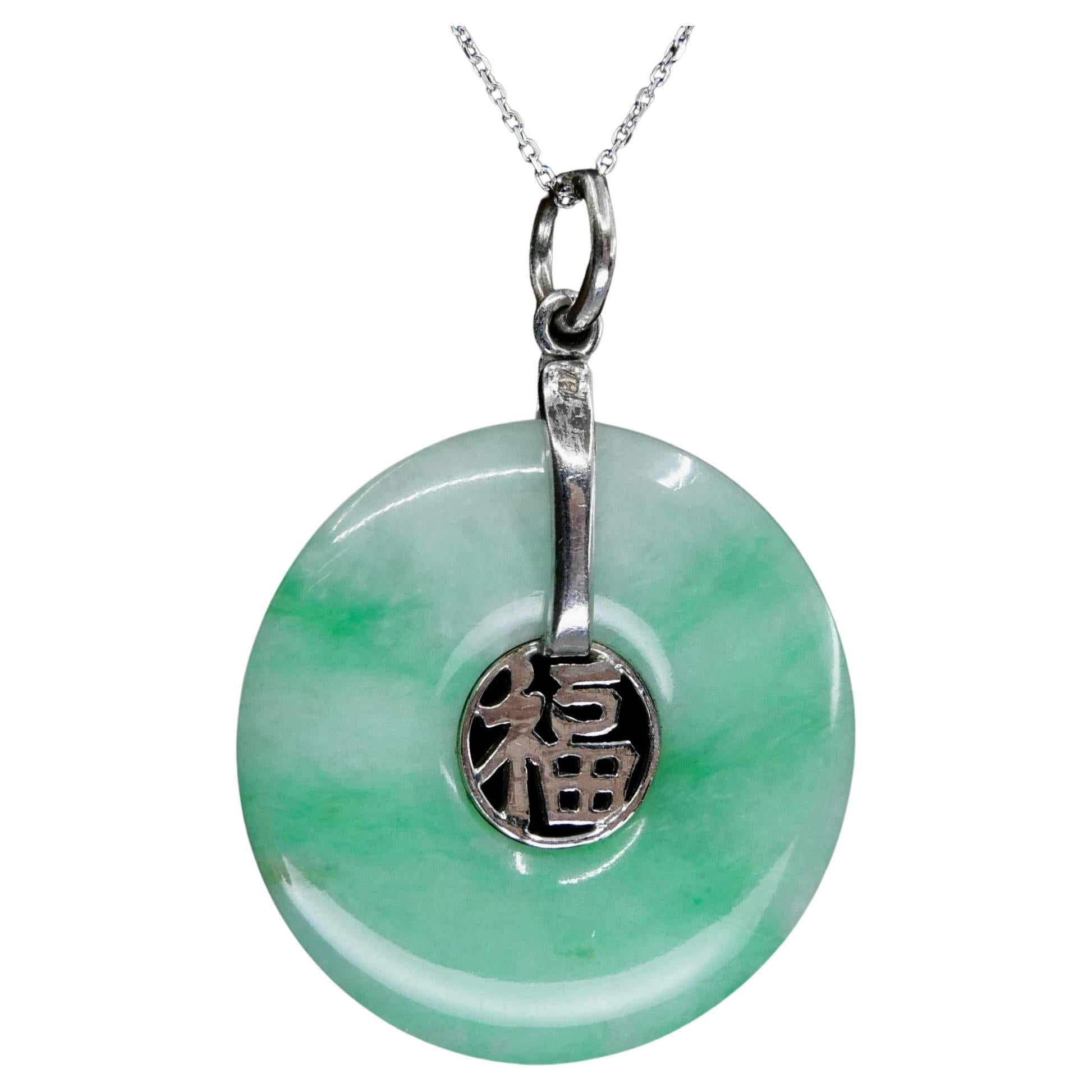 Vintage Certified Type A Jade Good Fortune Pendant Necklace, Apple Green Patches For Sale
