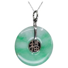 Vintage Certified Type A Jade Good Fortune Pendant Necklace, Apple Green Patches