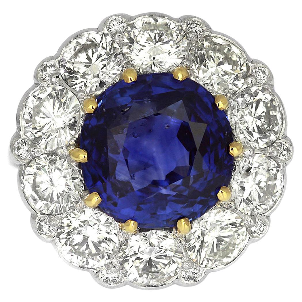 Cushion Cut Vintage Certified Vivid Blue Sapphire 10 Cts, Natural Unheated & Diamond Ring