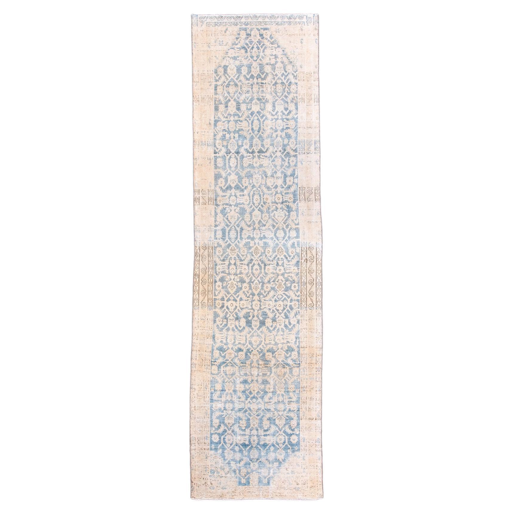 Vintage Cerulean Blue Malayer Runner with a Herati Design