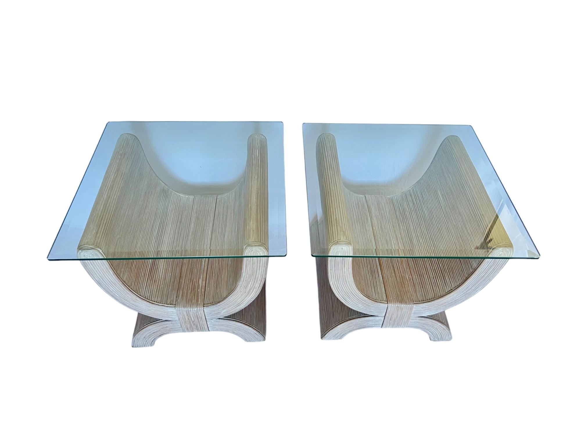Beveled Vintage Cerused Pencil Reed Emperor's Seat Side Tables, a Pair For Sale