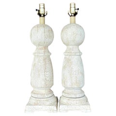 Vintage Cerused Plaster Over Wood Balustrade Lamps - a Pair
