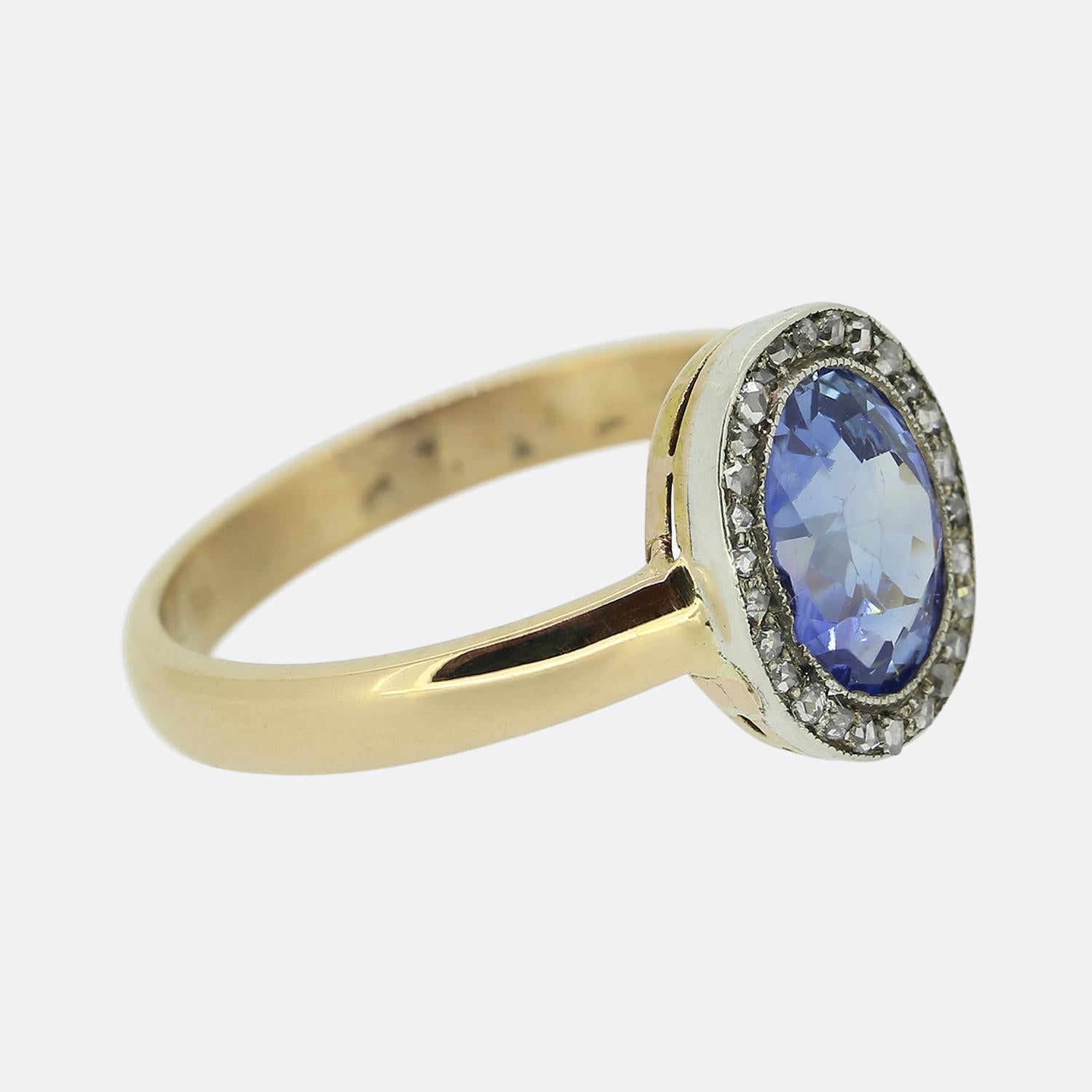 Oval Cut Vintage Ceylon Sapphire and Diamond Cluster Ring For Sale