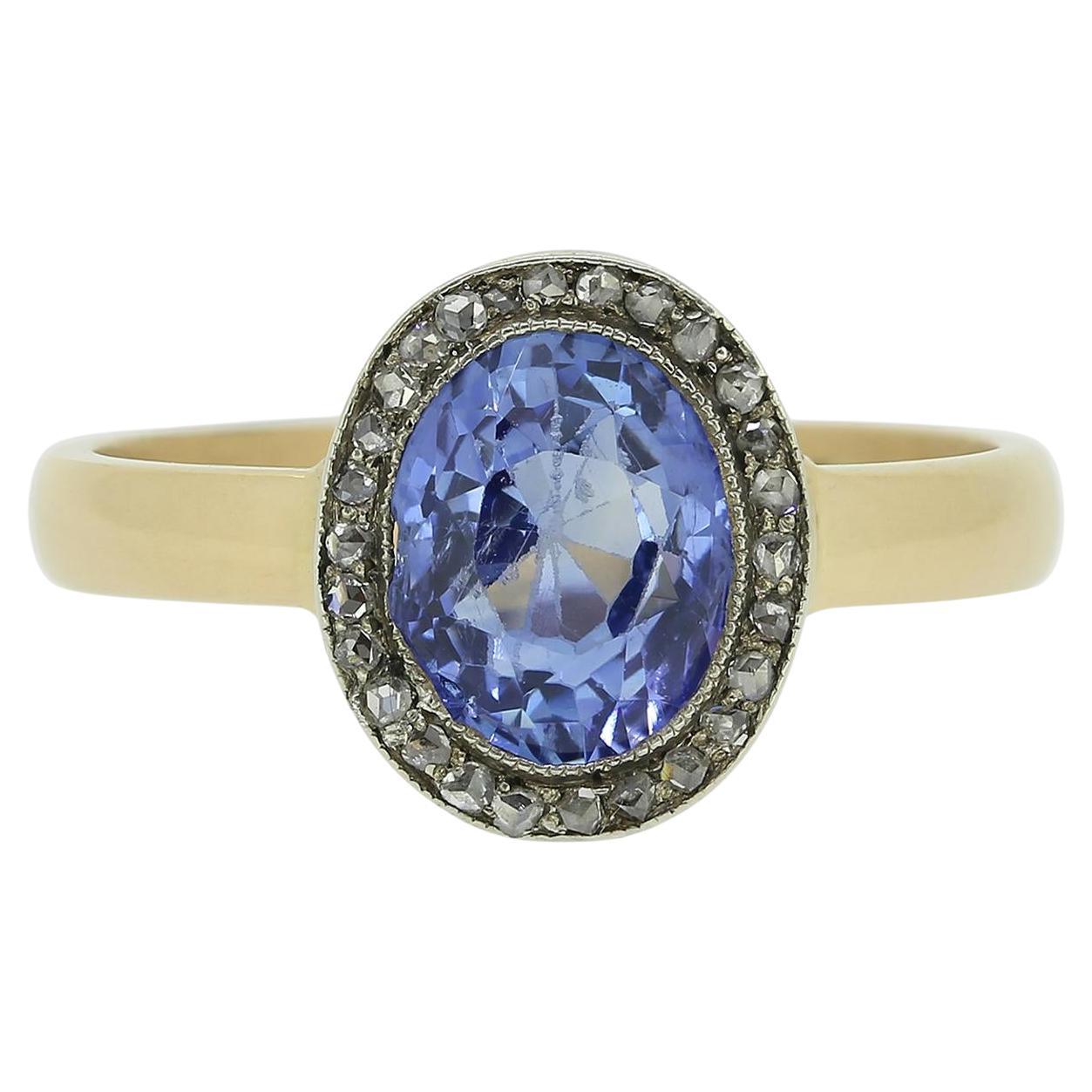 Vintage Cluster-Ring mit Ceylon-Saphir und Diamant im Angebot