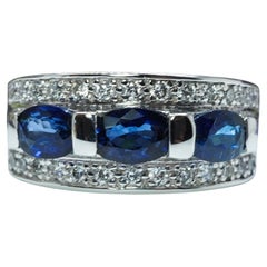 Vintage Ceylon Sapphire Diamond Band Ring 14K White Gold Wide Heavy Estate