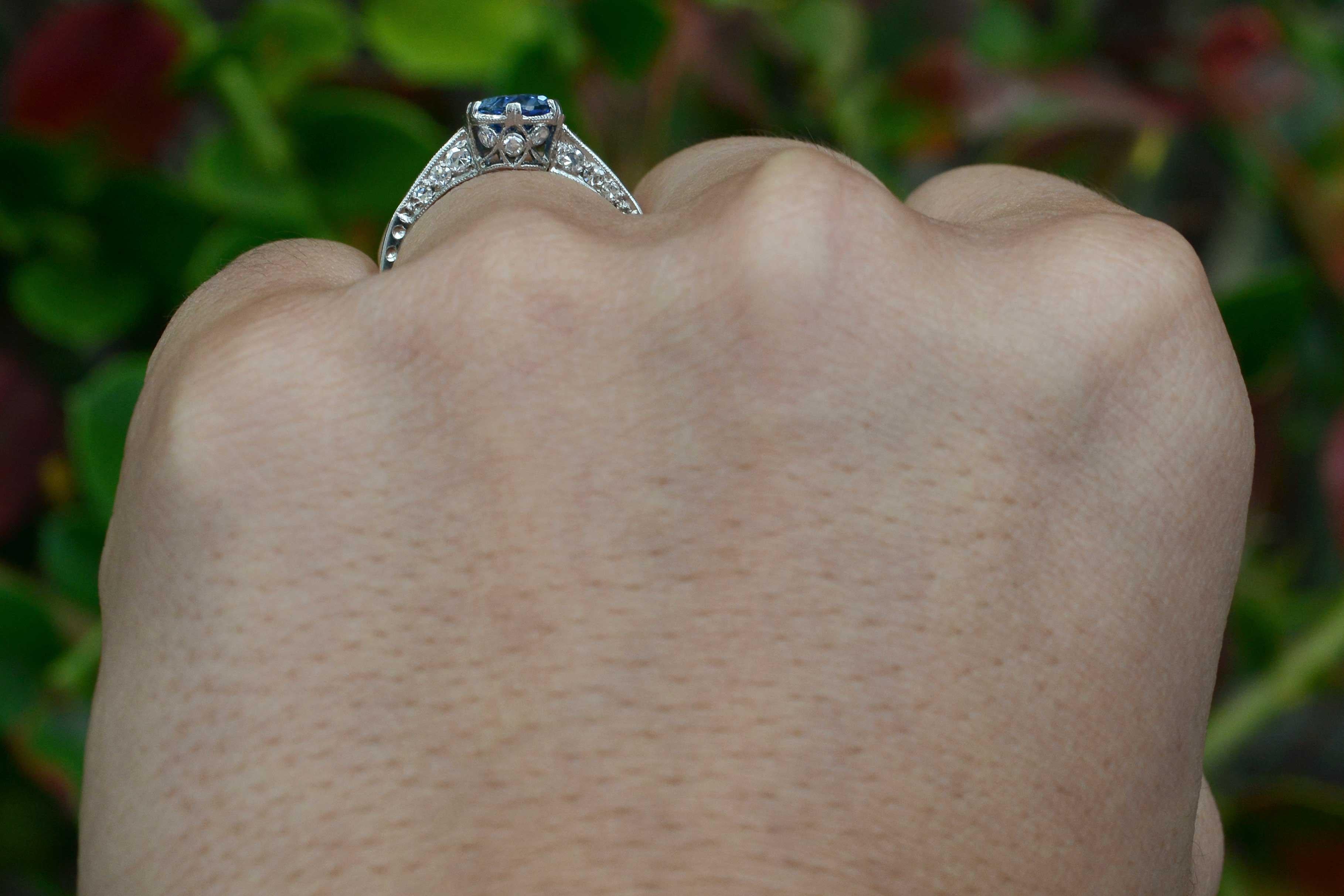 Art Deco Vintage Ceylon Sapphire Engagement Ring Solitaire Oval Gemstone Platinum Diamond