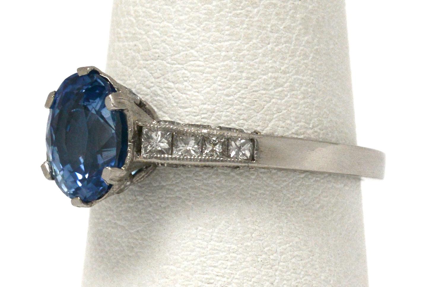 Oval Cut Vintage Ceylon Sapphire Engagement Ring Solitaire Oval Gemstone Platinum Diamond
