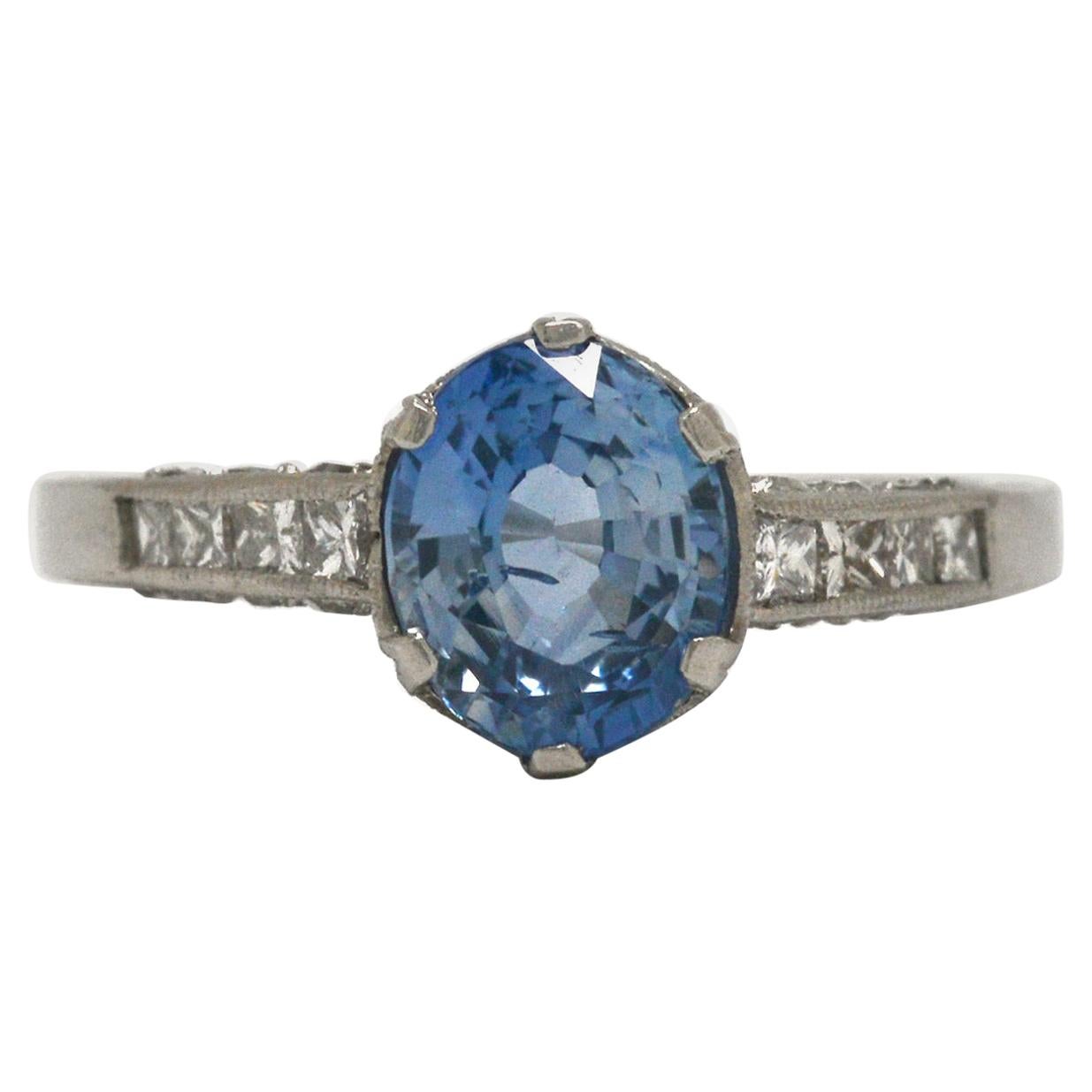 Vintage Ceylon Sapphire Engagement Ring Solitaire Oval Gemstone Platinum Diamond