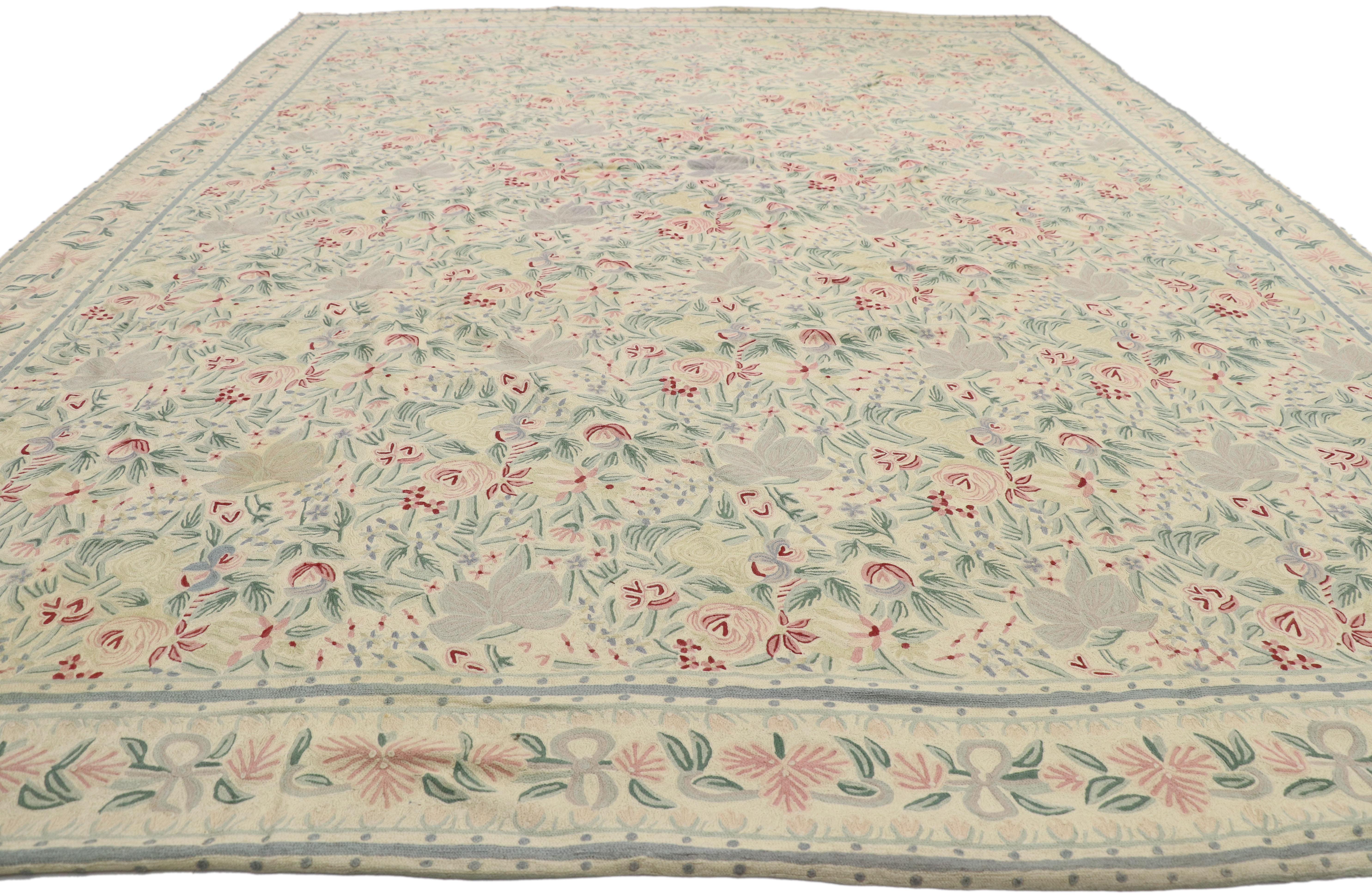 French Provincial Vintage Chain Stitch Floral Area Rug with French Aubusson Chintz Style For Sale