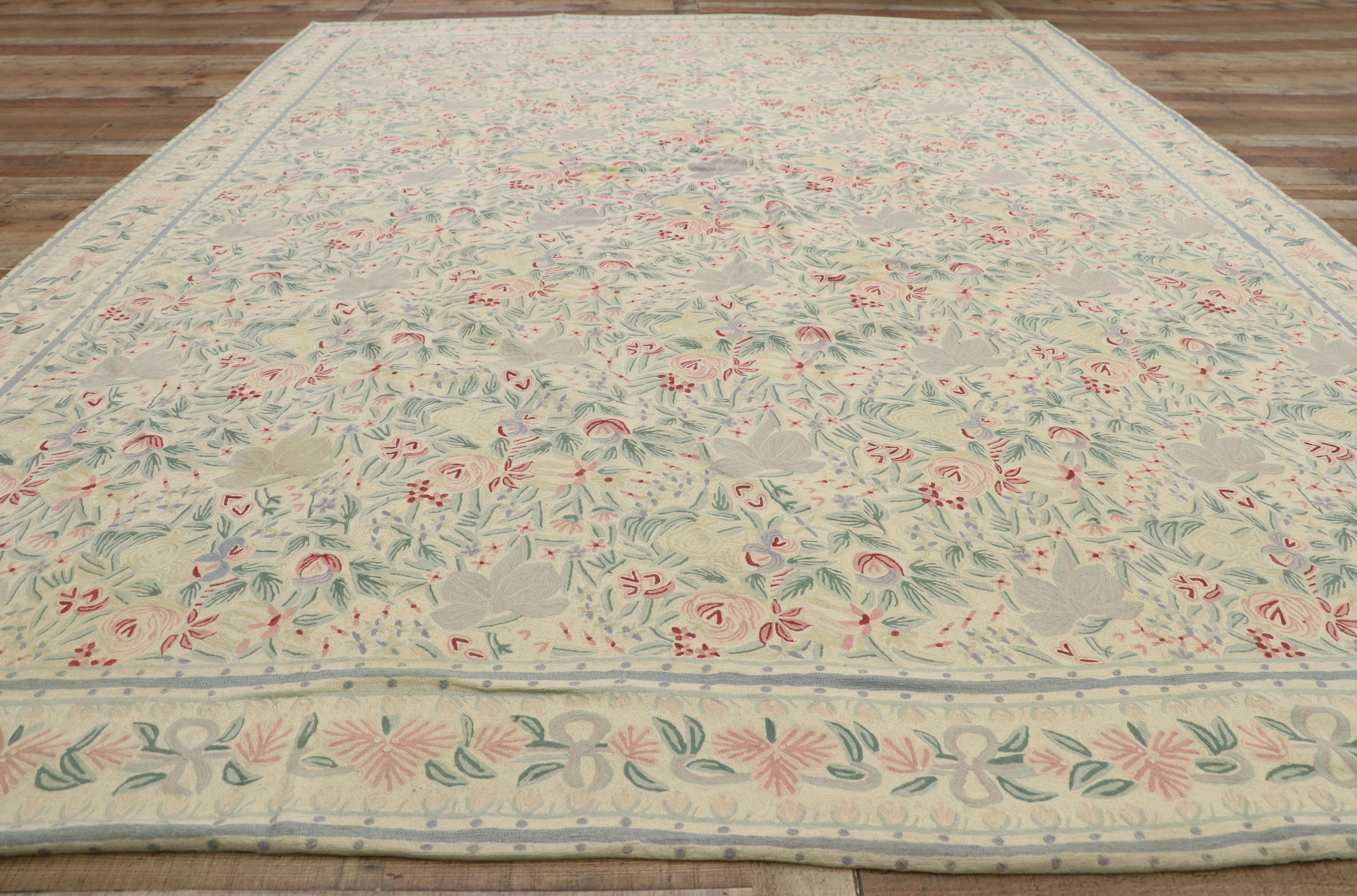 20th Century Vintage Chain Stitch Floral Area Rug with French Aubusson Chintz Style For Sale