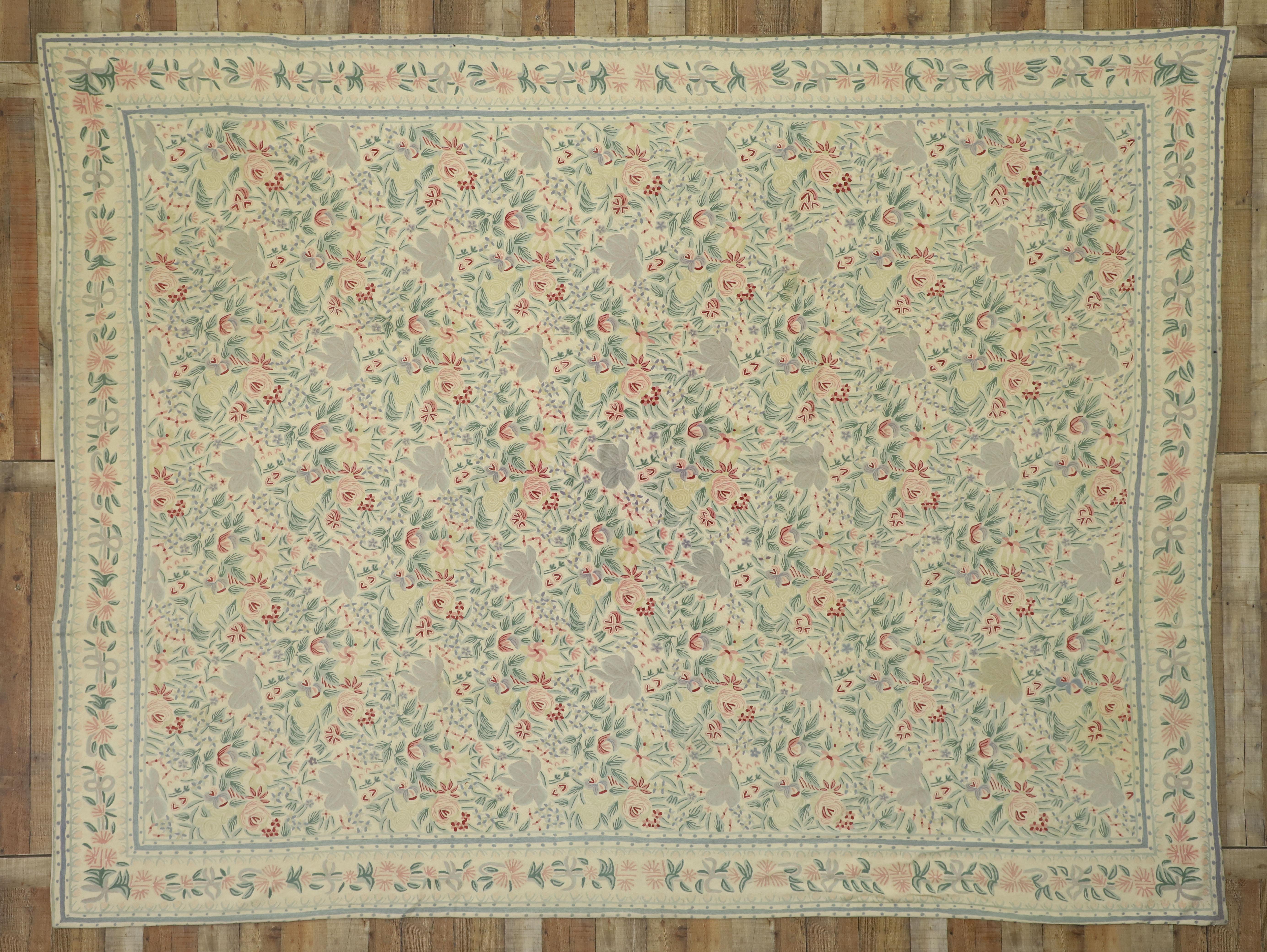 Wool Vintage Chain Stitch Floral Area Rug with French Aubusson Chintz Style For Sale
