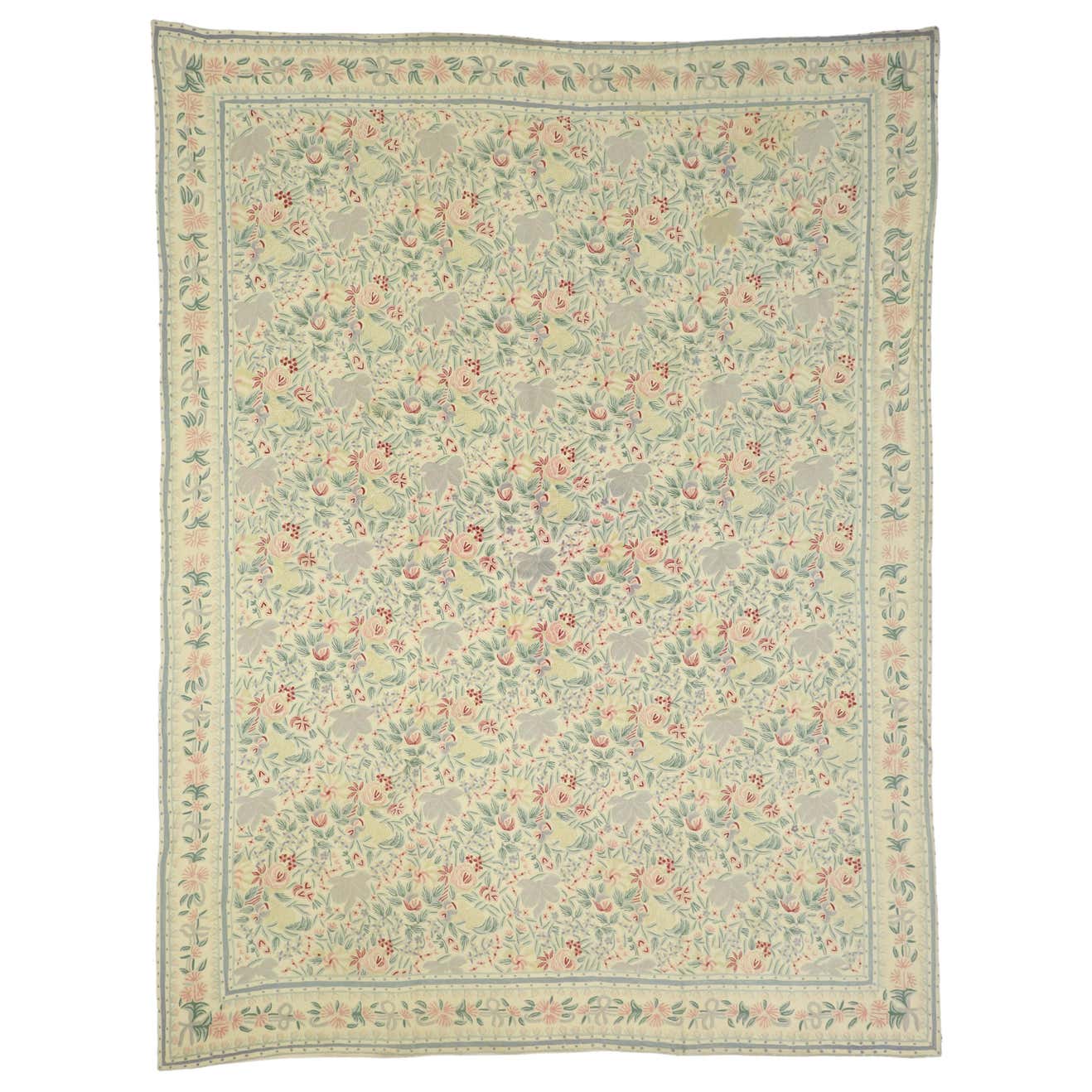 Vintage Chain Stitch Floral Area Rug with French Aubusson Chintz Style ...