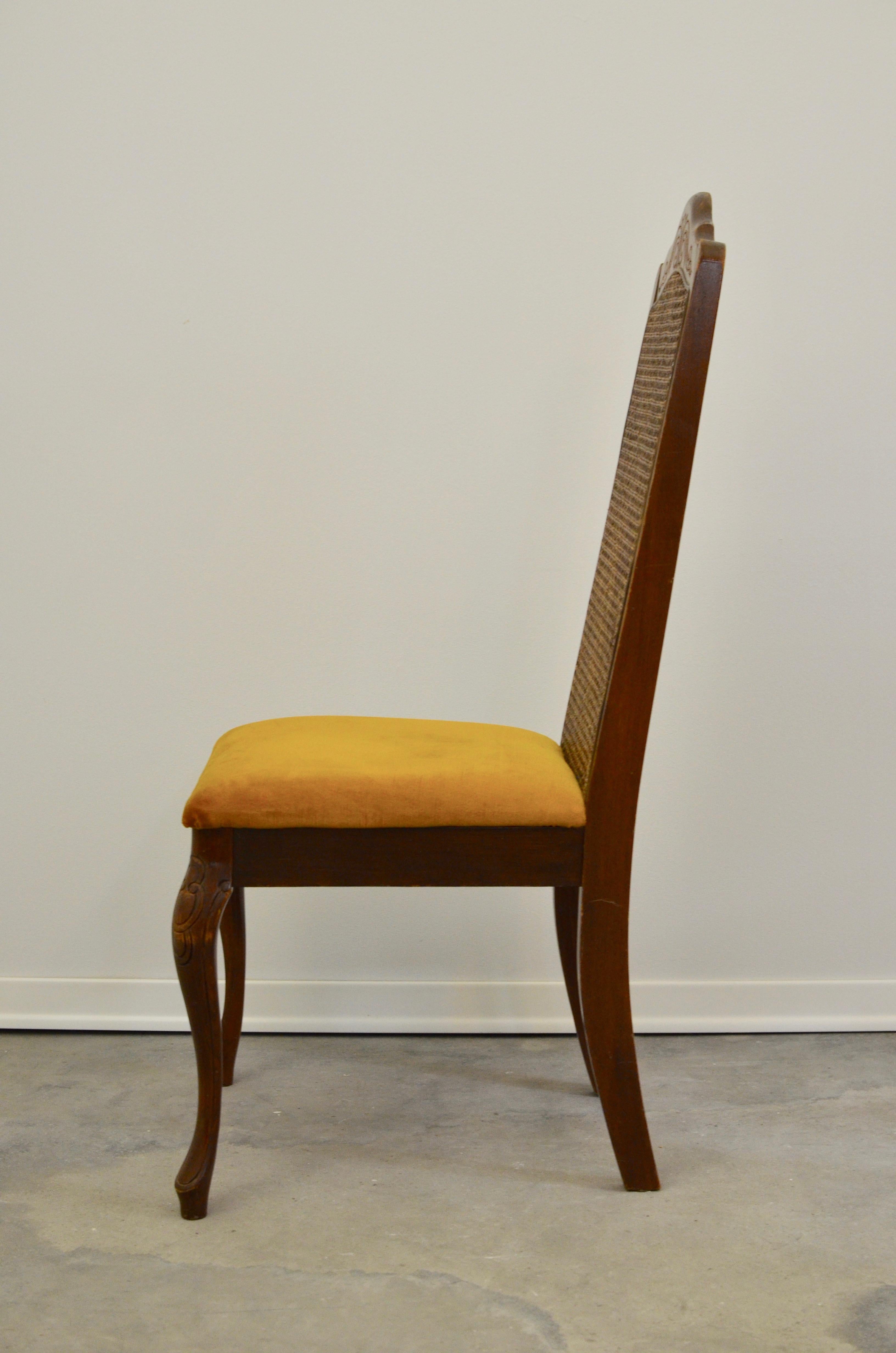 Vintage dining chair

Period: 1960s

Country of Manufacturer: Slovenia/Yugoslavia

Materials: wood, cane back, textile.

It is really comfortable chair to sit on. High back forces you to sit straight and upright.

It has a beautiful vintage patina