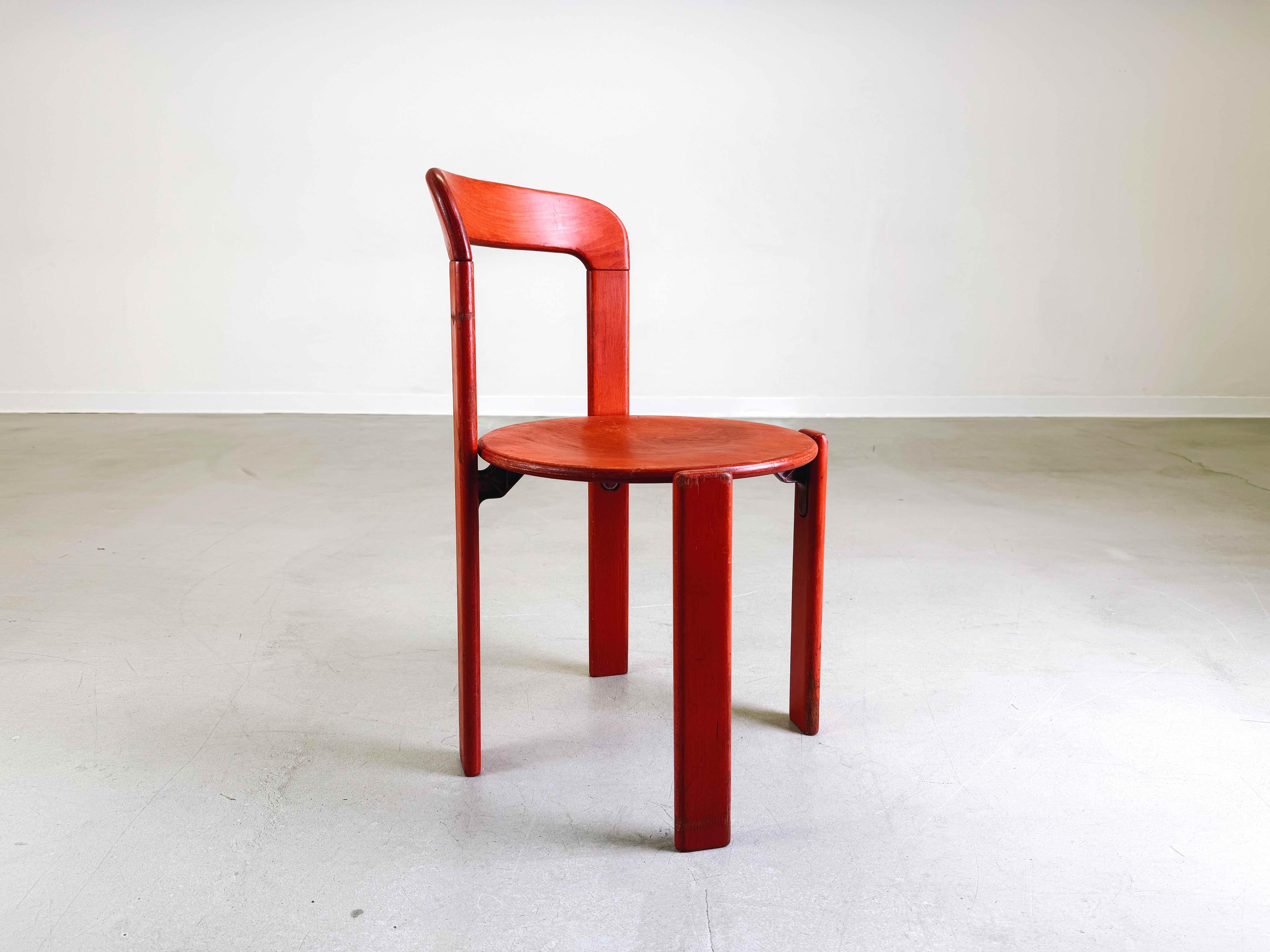 We are offering beautiful vintage chairs by Bruno Rey for Kusch & Co from the 1970s for sale. The chairs are available in both red (lacquered or varnished) and green (varnished). The model is now considered a true design classic and impresses with