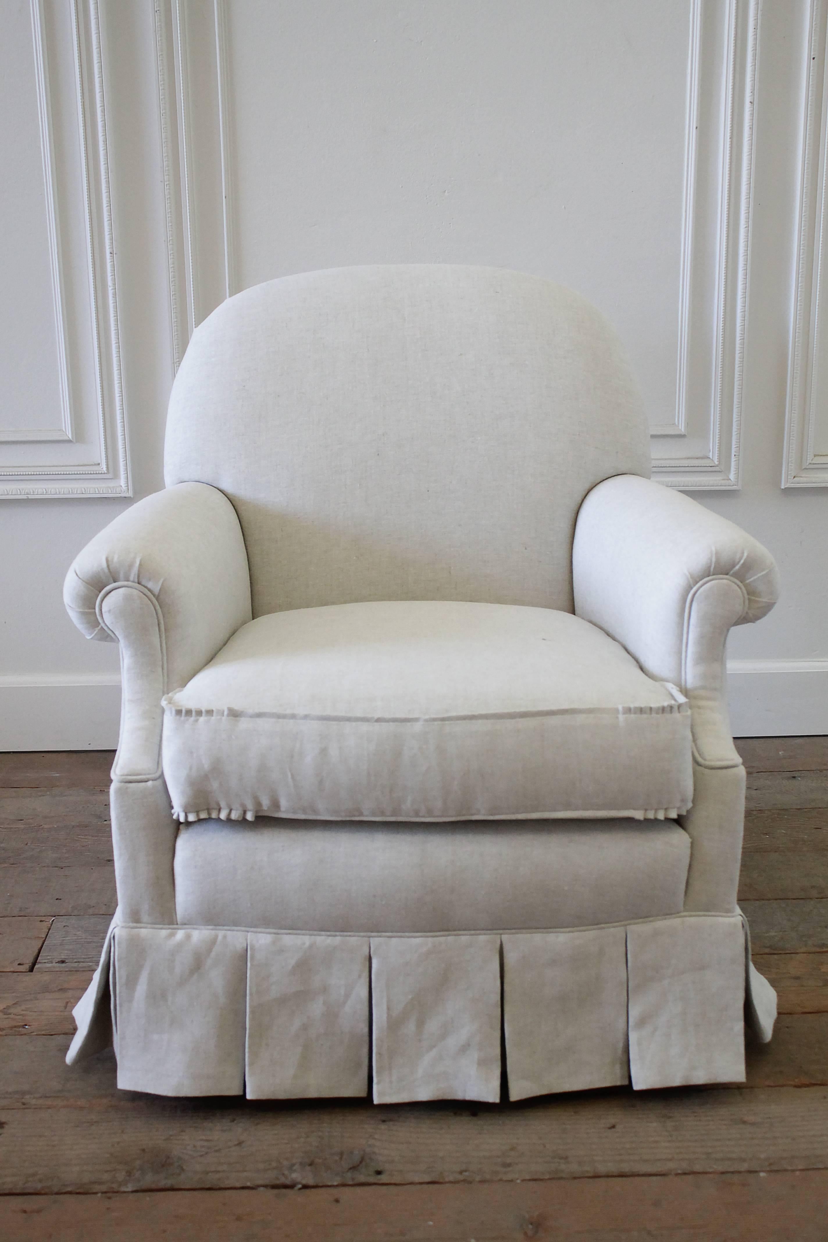 Vintage chair with custom upholstered linen box pleated ruffle skirt.
If you sat in this chair you would want to purchase it, it is so comfortable! The perfect vintage chair reupholstered in our organic Belgian linen, a soft light natural color.