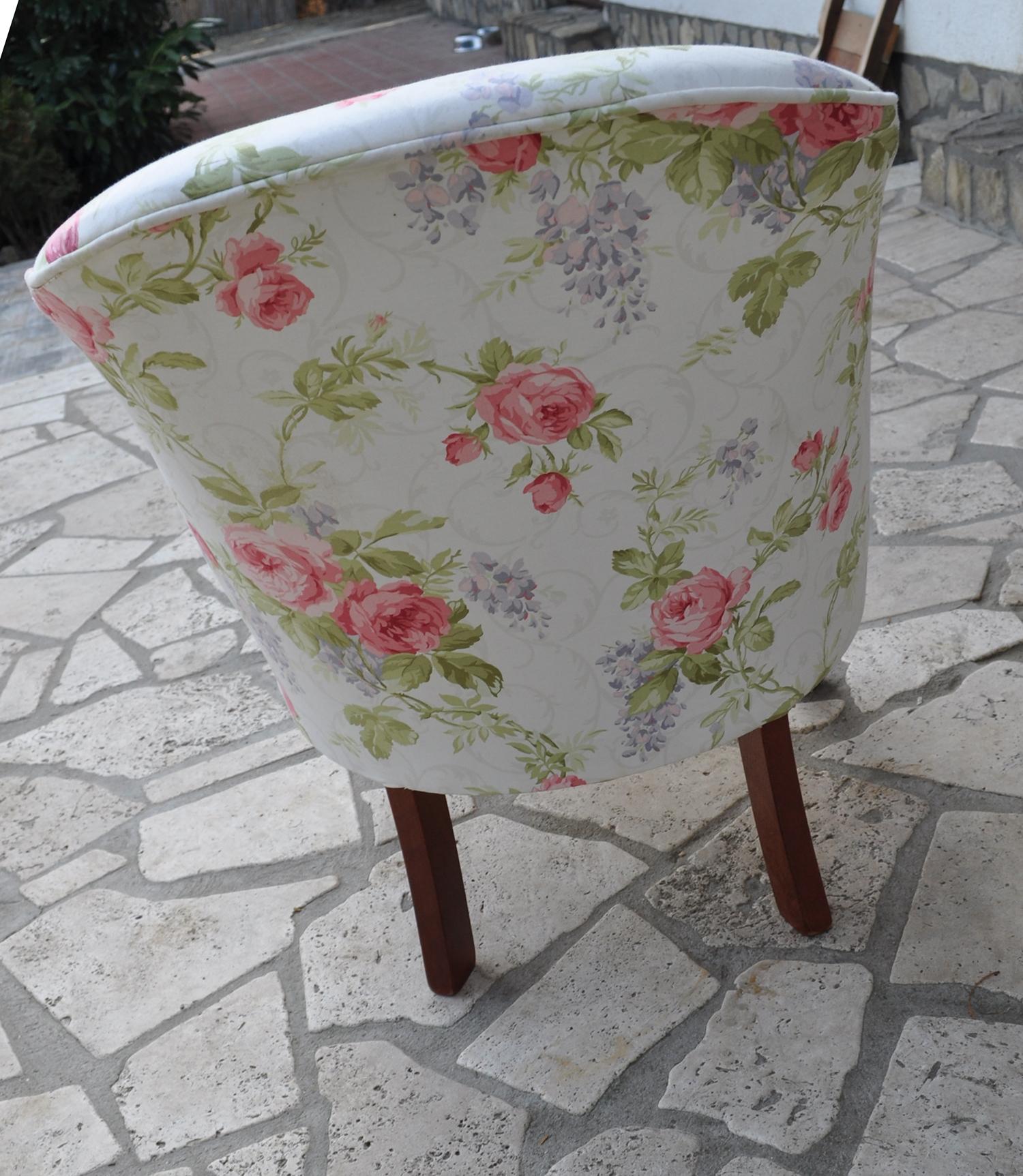 Stained Vintage Chair with Floral Upholstery For Sale