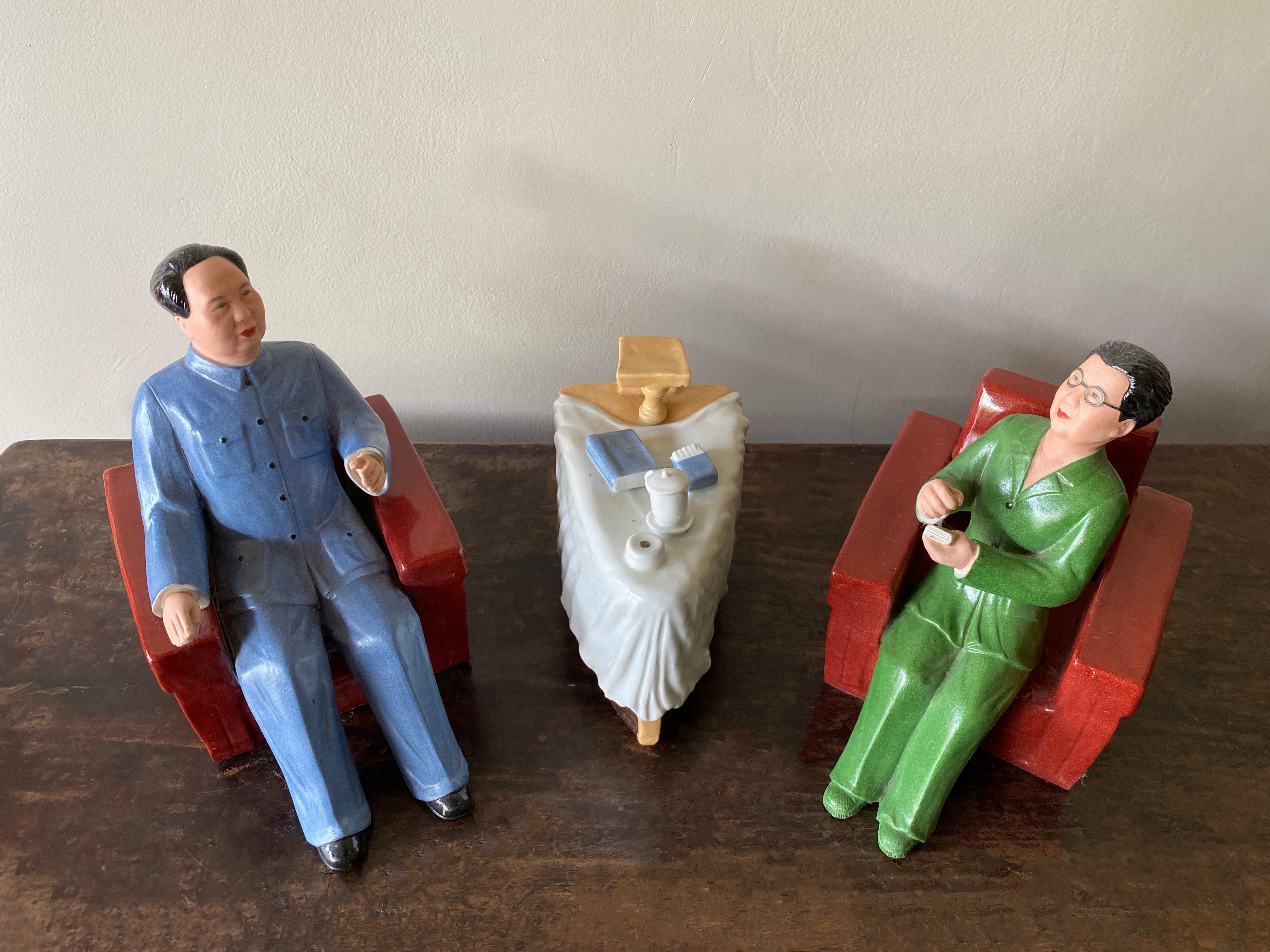 These detailed ceramic figures of chairman mao & madame were hand-crafted and painted. They are cultural revolution memorabilia dating to the early 1970s.

Dimensions: Each figure and chair are 14,5cm wide, 22cm high and 13.5cm deep.