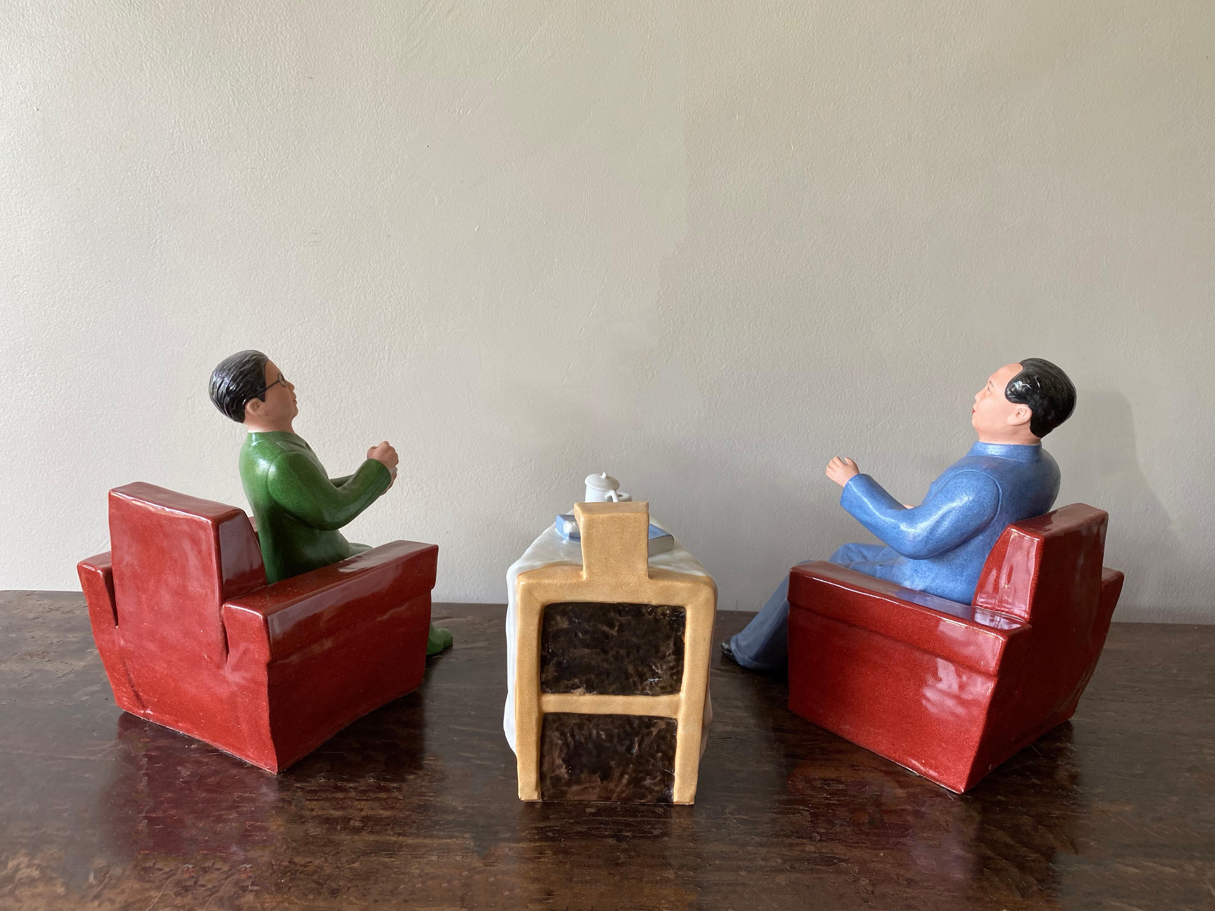 Vintage Chairman Mao & Madame Seated Ceramic Figures with Tea Table and Chairs In Good Condition In Jimbaran, Bali