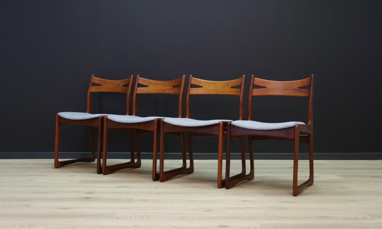 Set of 4 original 1960s-1970s chairs, minimalist form - Scandinavian design. New upholstery (color - gray), unique design veneered with teak. Preserved in good condition (small dings and scratches) - directly for use.

Dimensions: height 76 cm,