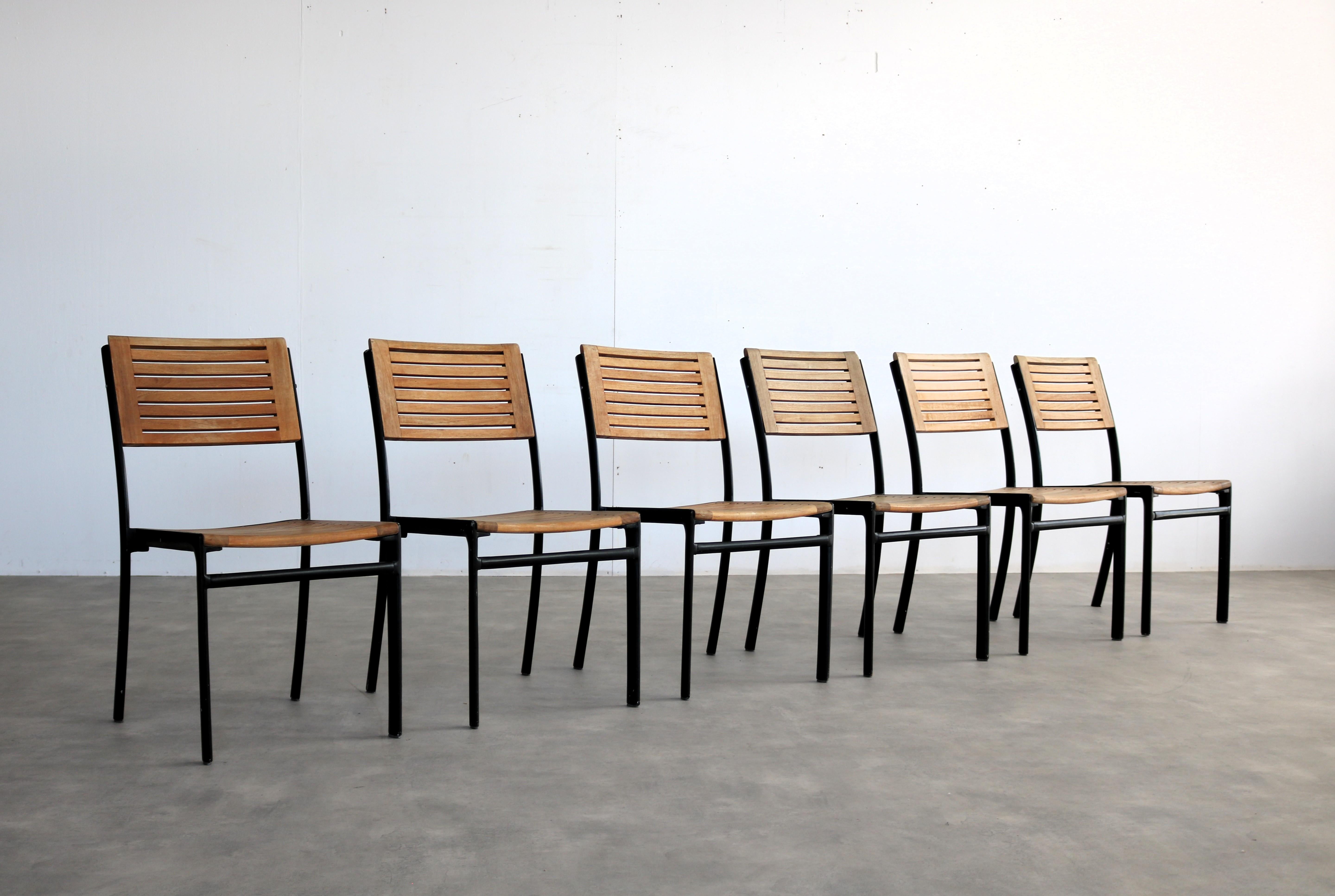 
vintage chairs  garden chairs  hardwood  Sweden

period  80s
design  Brafab Sweden  Sweden
condition  good with signs of use/patina
size  86 x 45 x 54 (hxbxd) seat height 45; 

details  hardwood; metal; set of 6; 

item number  2735