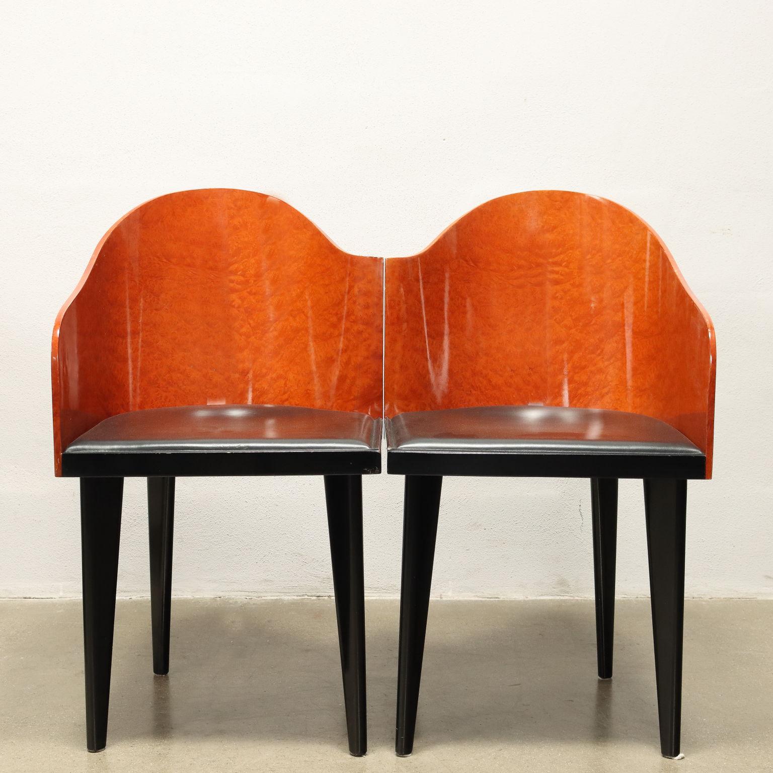 Vintage Chairs Tuscana by Saporiti Leather Burl Veneer Italy 1980s In Good Condition In Milano, IT