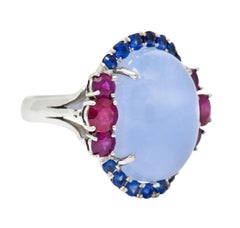 Vintage Chalcedony 2.55 Carats Ruby Sapphire 18 Karat White Gold Cocktail Ring