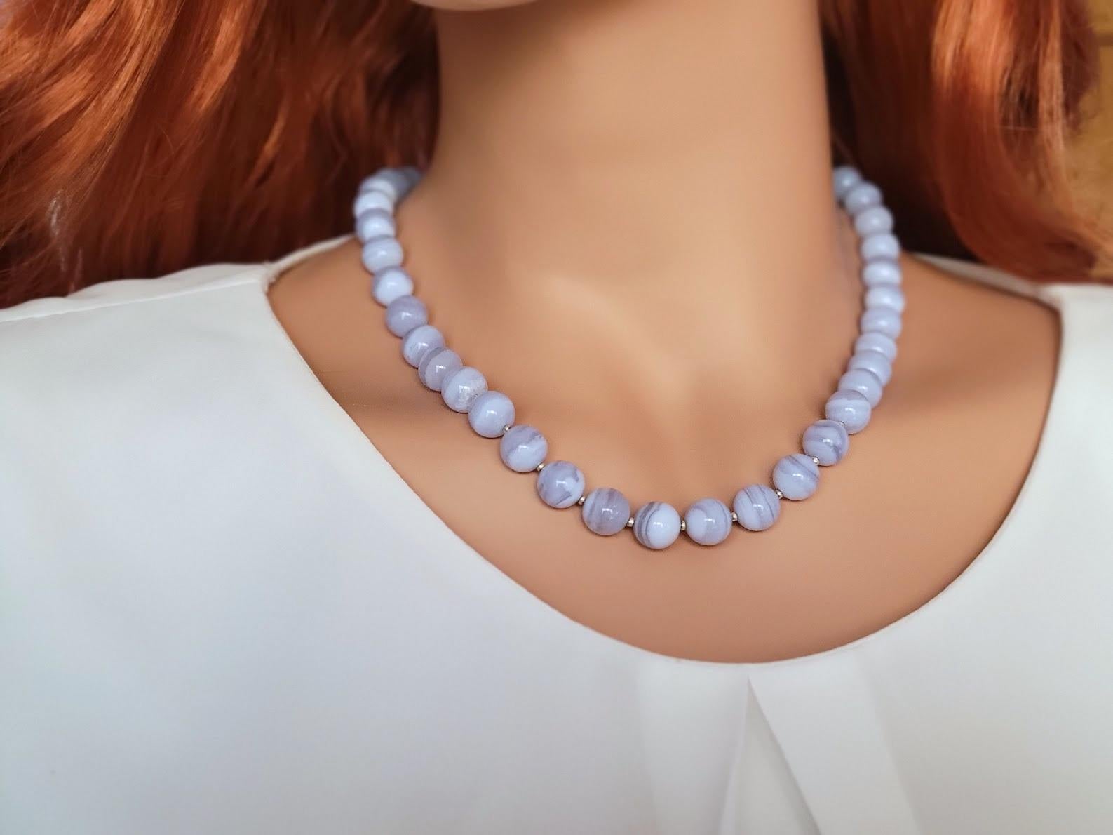 Vintage Chalcedony Blue Lace Agate Necklace For Sale at 1stDibs | light blue  pearl necklace, chalcedony jewelry vintage, interchangeable pearl necklace