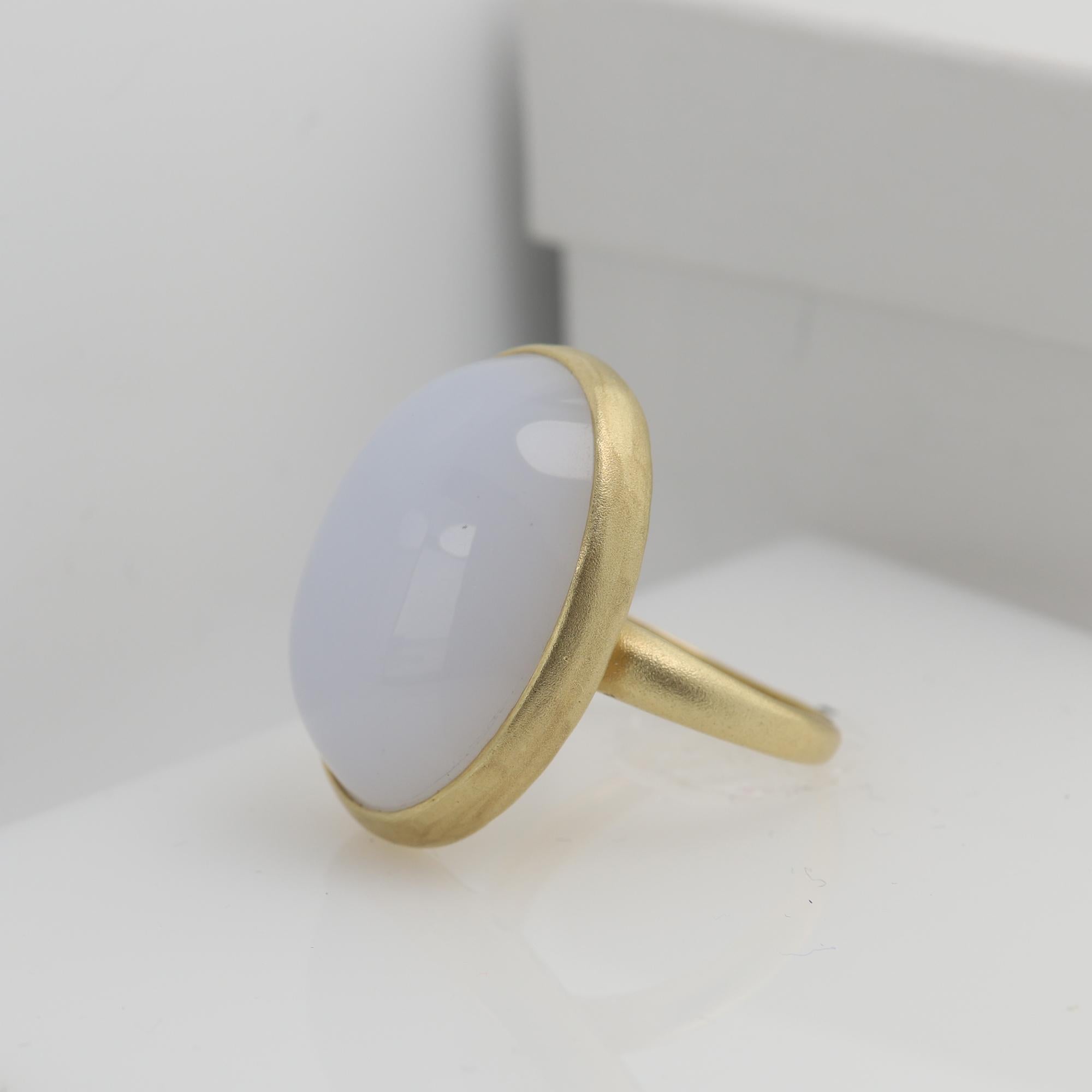 NEW 
Vintage Natural Chalcedony Oval Cabuchon Cocktail  Ring - Hand Made in Italy
14k Yellow Gold 11 grams - mat finish (not shiney gold)
Cabochon Oval shape Dome  approx size 28 x 20 mm / 25 carat
Stone Color- white-ish / Grey
Finger size 7.5
stone