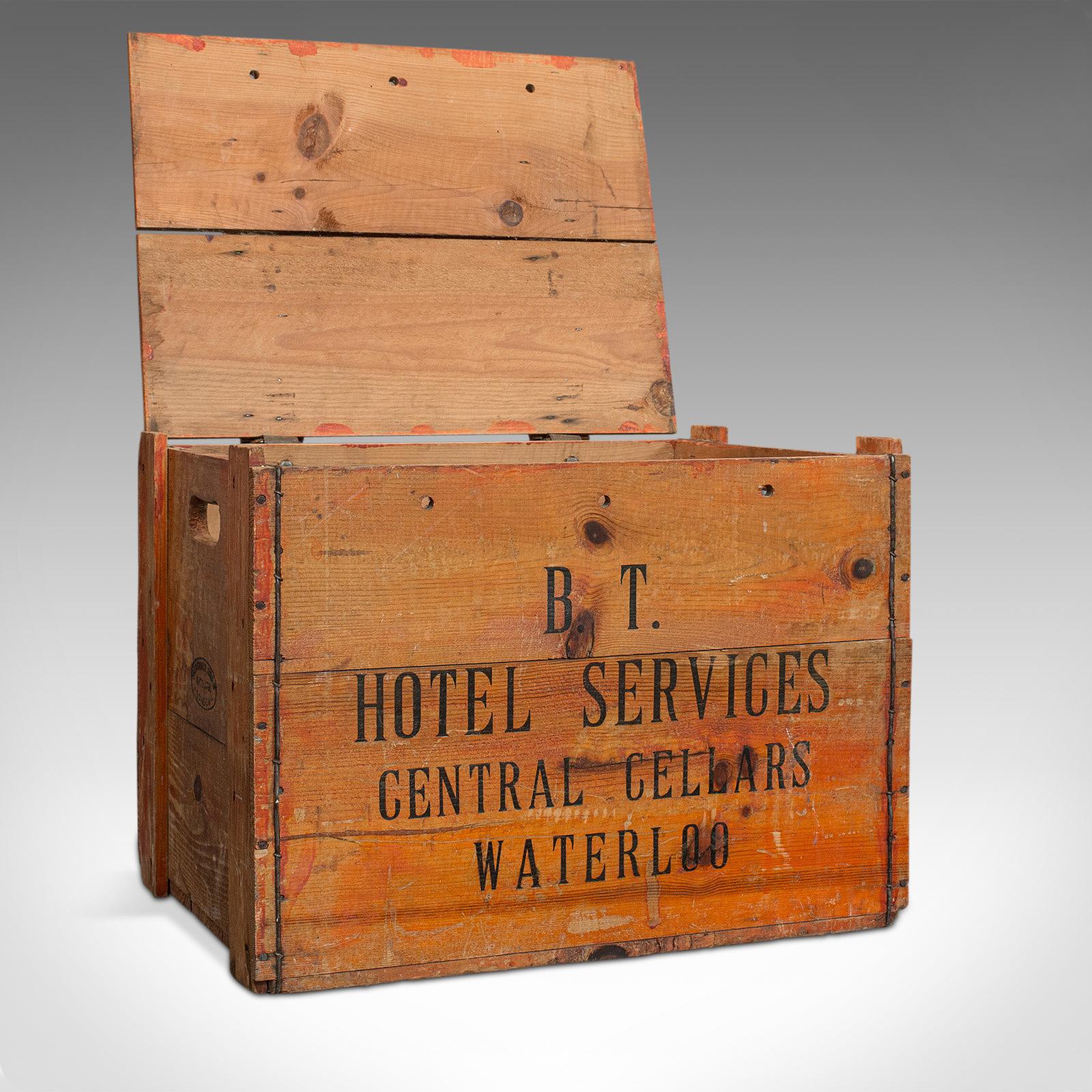 This is a vintage champagne case. An English, pine service chest or wine carrier, dating to the mid-20th century, circa 1950.

Fascinating commercial champagne case
Displays a desirable aged patina
Pine staves in good order show fine grain