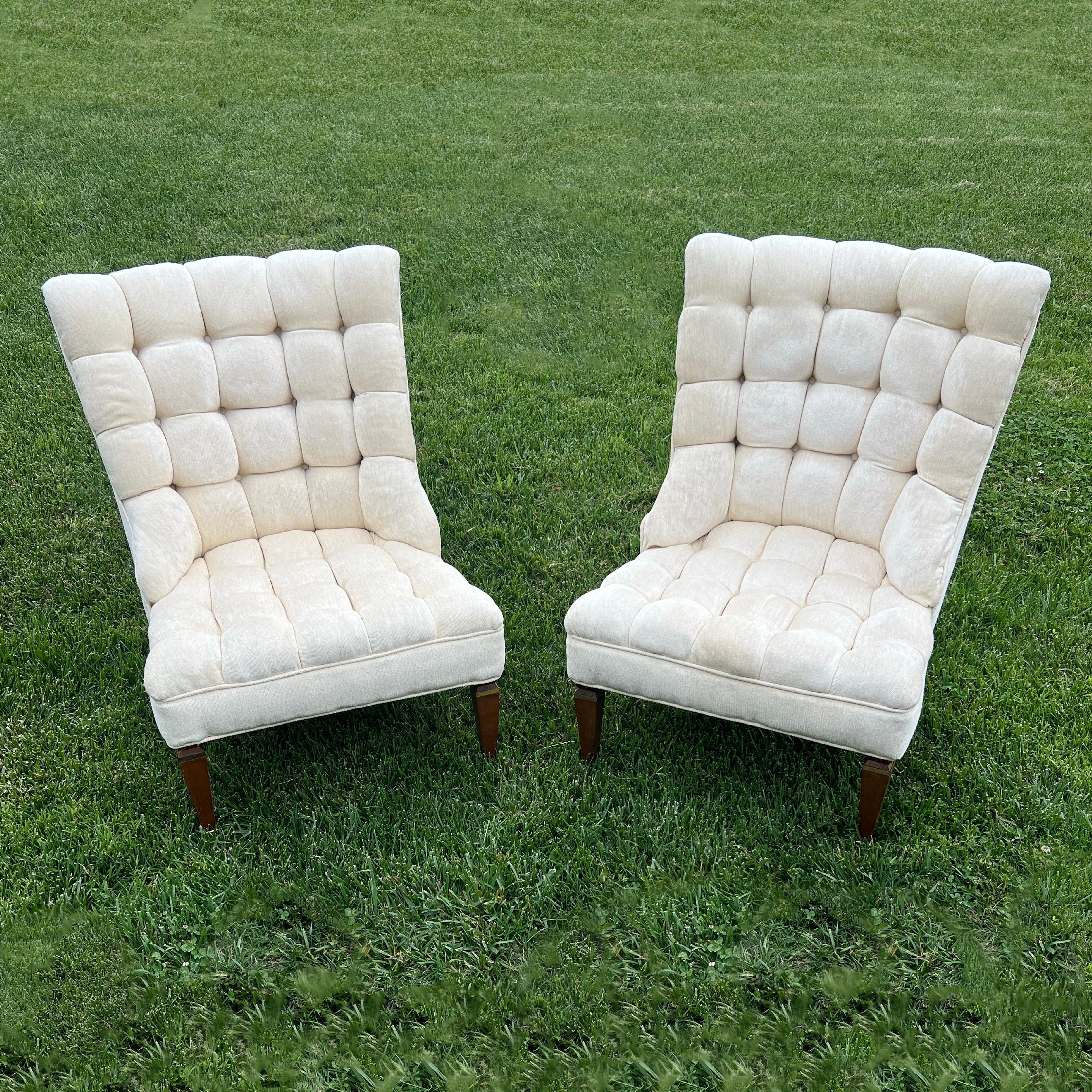 North American Vintage champagne chenille tufted chairs in the manner of William Hanes For Sale