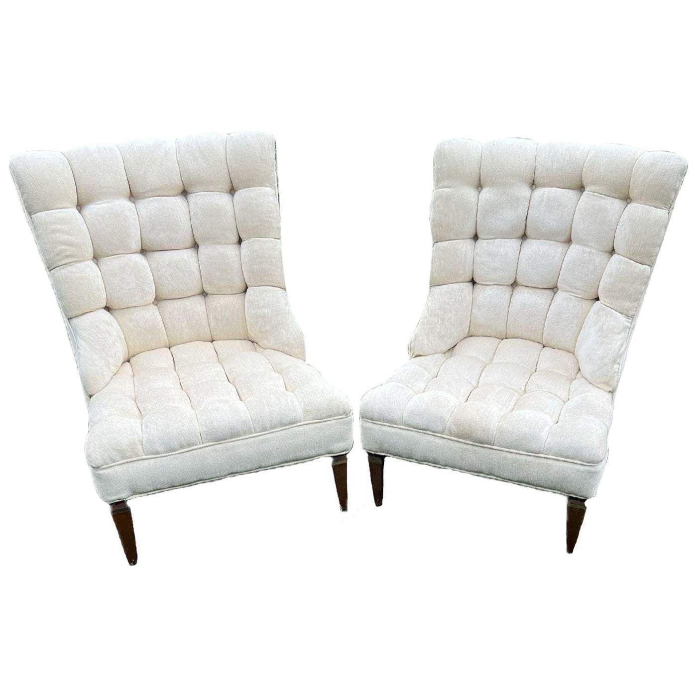 Vintage champagne chenille tufted chairs in the manner of William Hanes