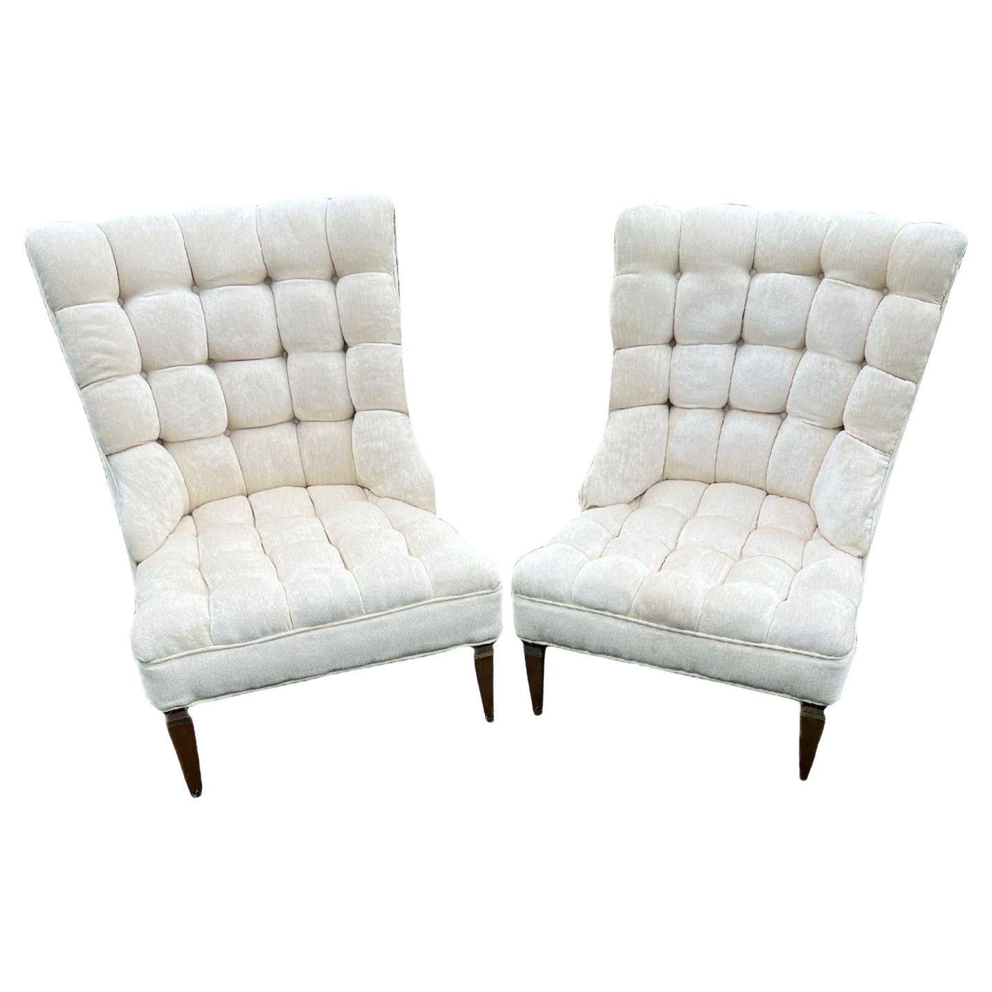 Vintage champagne chenille tufted chairs in the manner of William Hanes