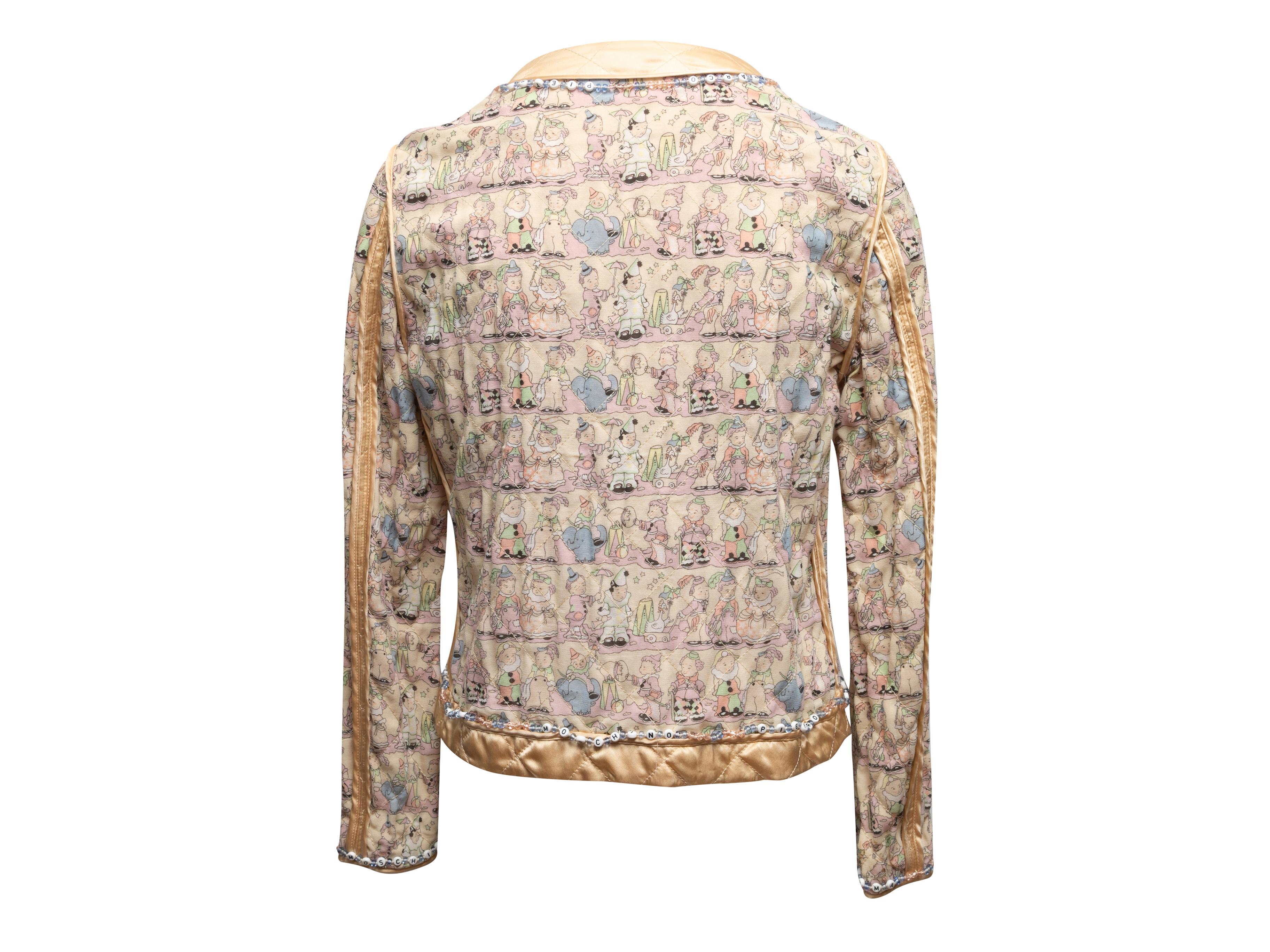 Vintage champagne and multicolor quilted baby clown print jacket by Moschino. Circa 1990s. Bead embellishment trim. Open front. 28