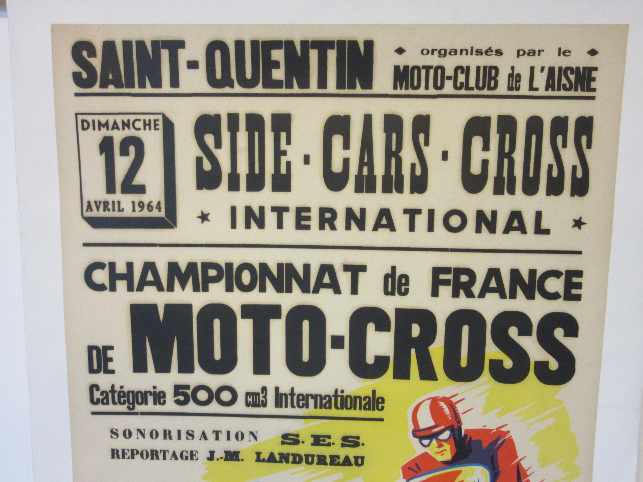 A brightly colored vintage Championnat de France Moto - Cross poster also advertising the sponsor BP Energol oil products dated April 12 1964. From a French international side car and moto cross championship race displaying both classes and other