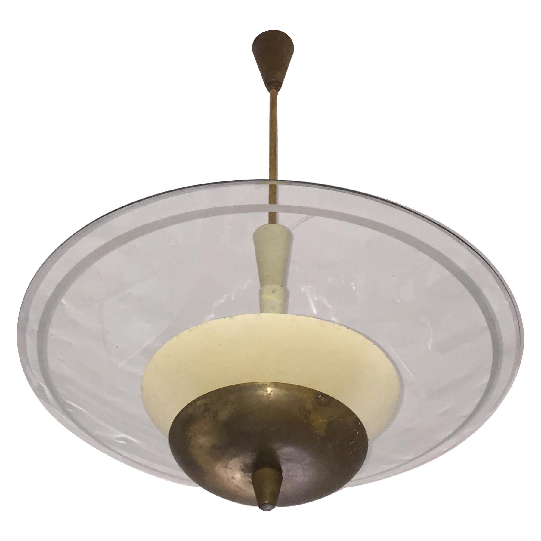 Vintage Curved glass Chandelier by Fontana Arte, Italian Ceiling Lamp from 50s For Sale