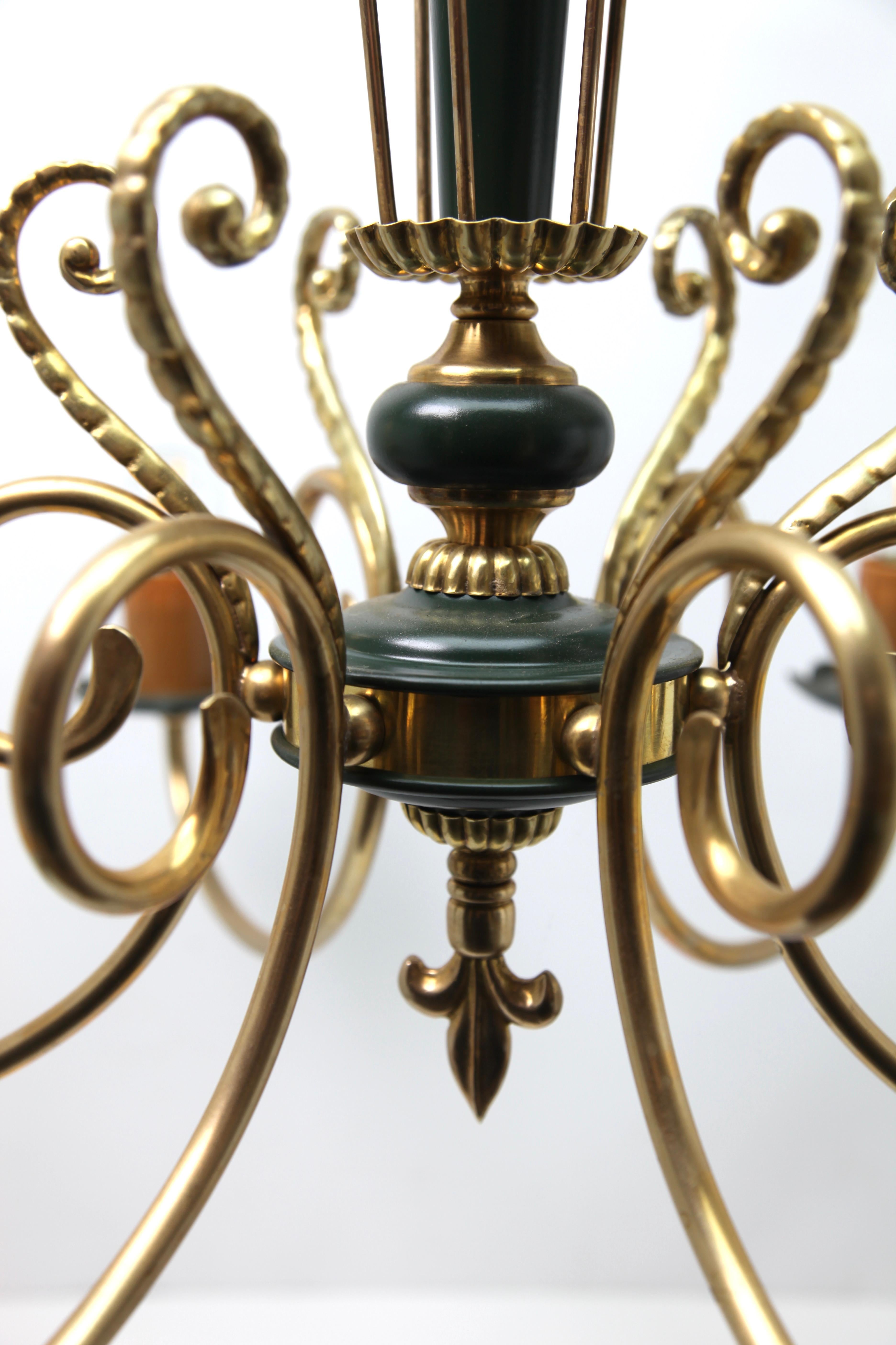 Vintage Chandelier Brass and Wood Decoratief Details Six Arms Belgium, 1950s 3