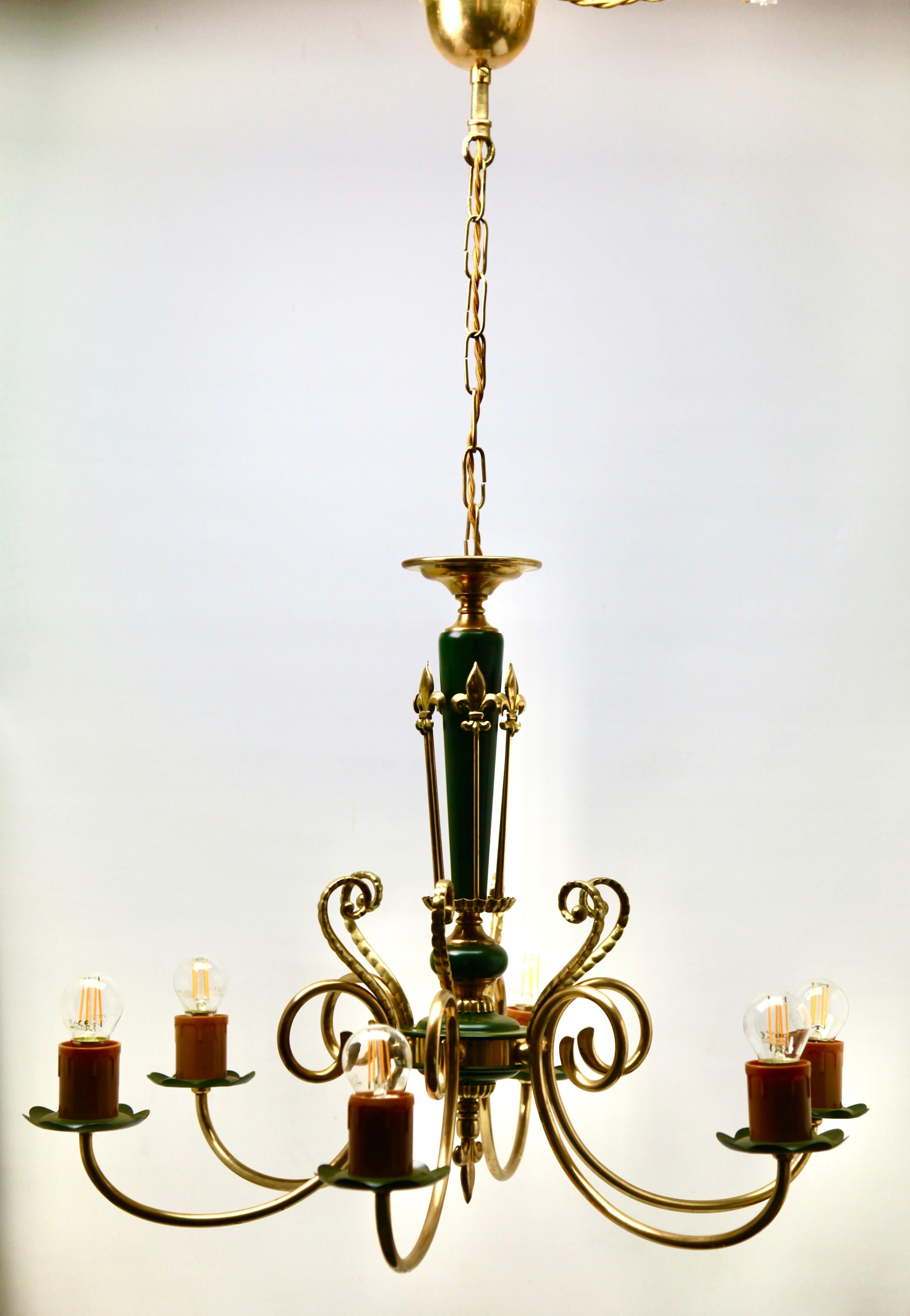 Vintage Chandelier Brass and Wood Decoratief Details Six Arms Belgium, 1950s 5