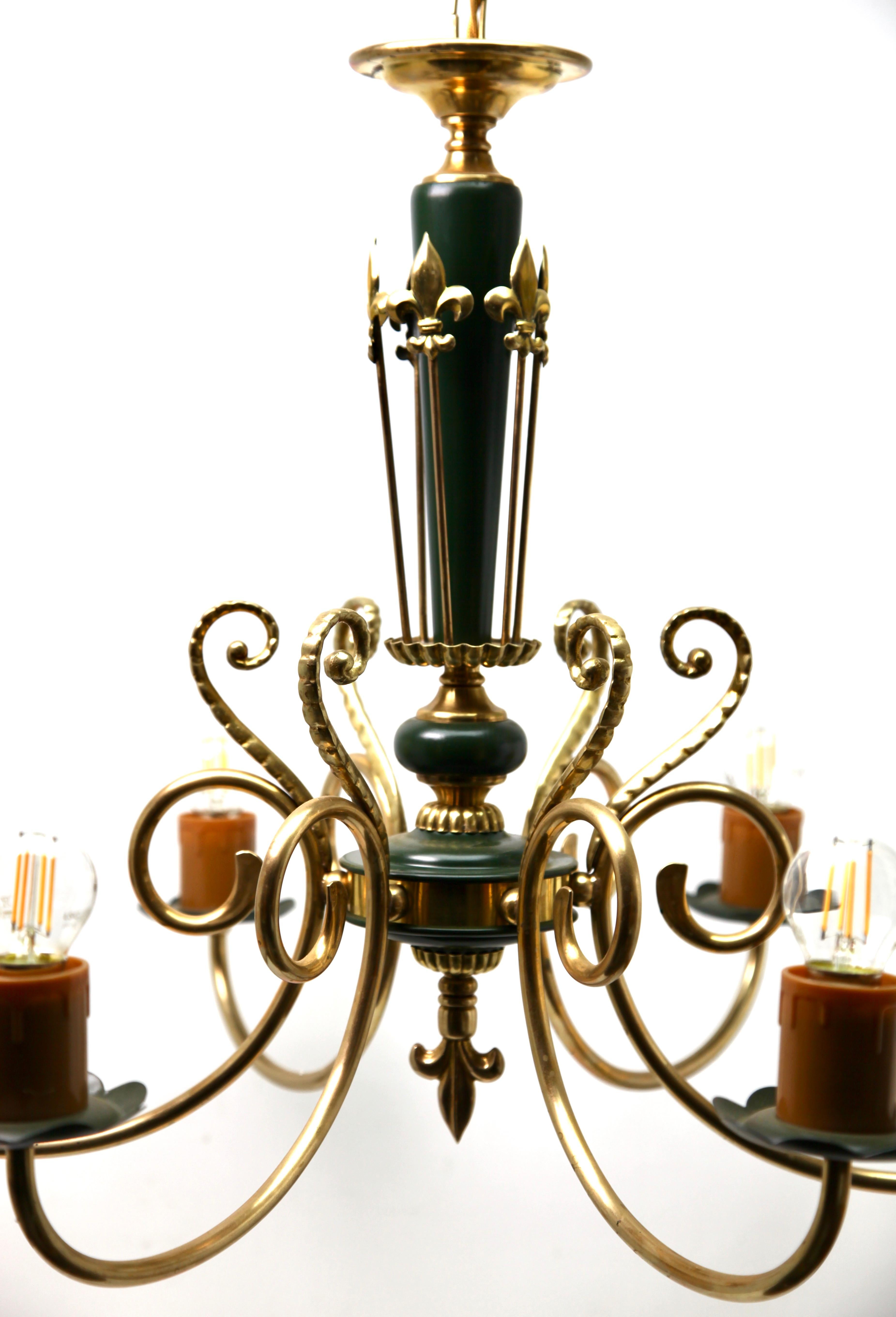 Mid-Century Modern Vintage Chandelier Brass and Wood Decoratief Details Six Arms Belgium, 1950s