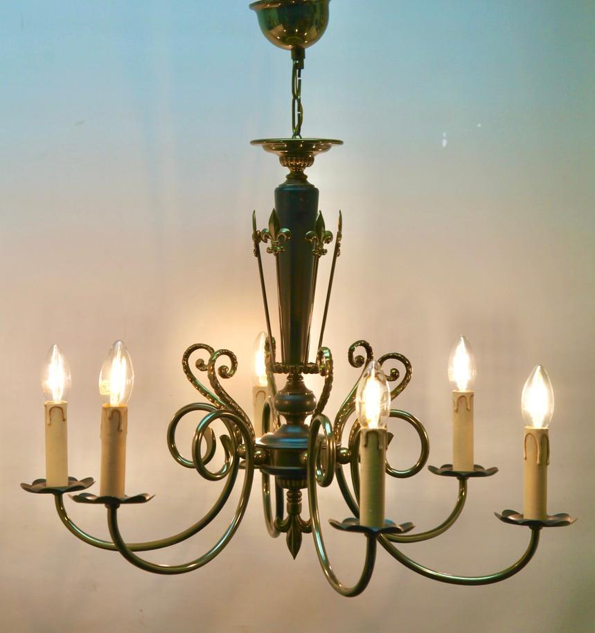 Mid-Century Modern Vintage Chandelier Brass and Wood Decoratief Details Six Arms Belgium, 1950s For Sale
