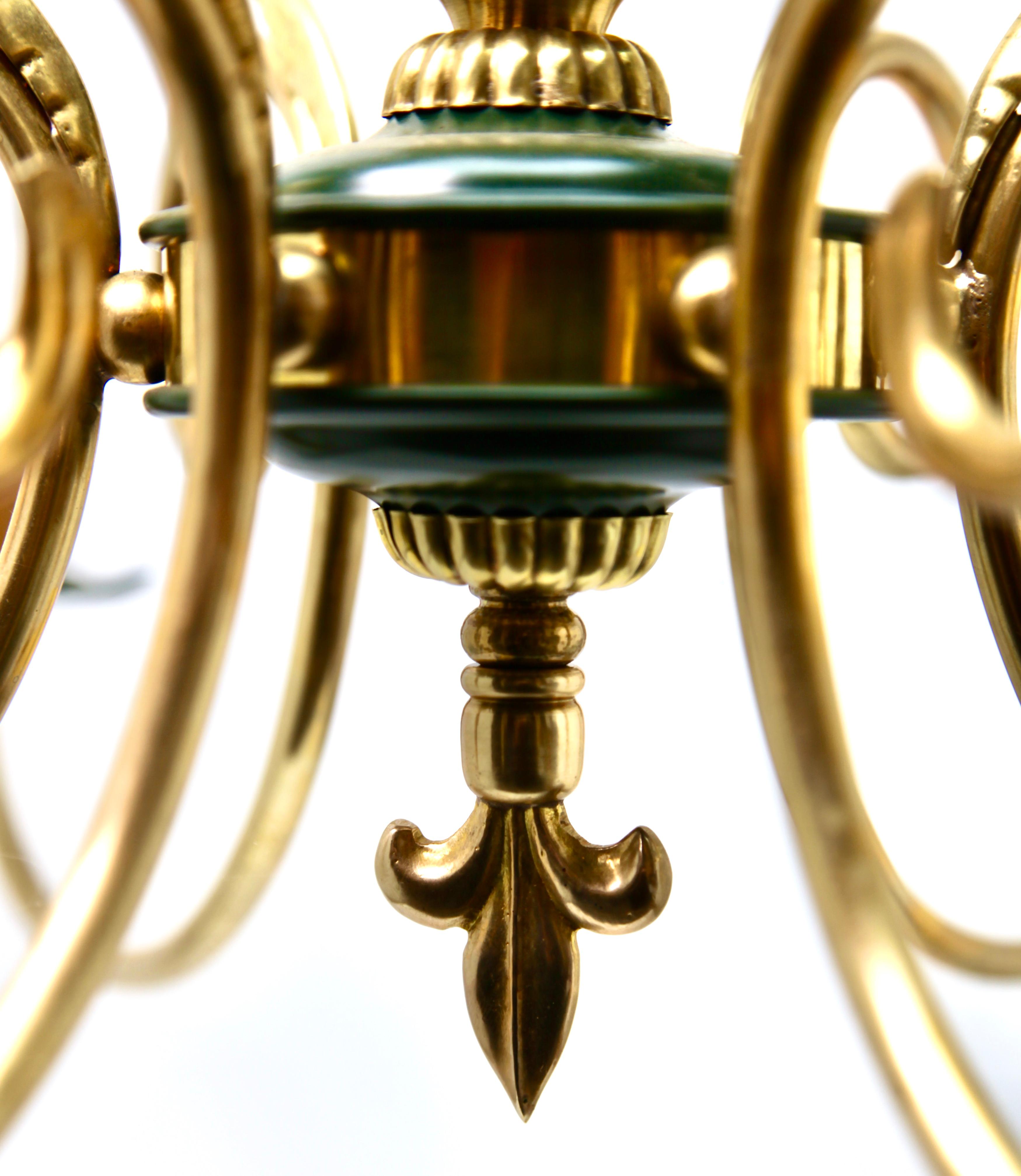 Belgian Vintage Chandelier Brass and Wood Decoratief Details Six Arms Belgium, 1950s